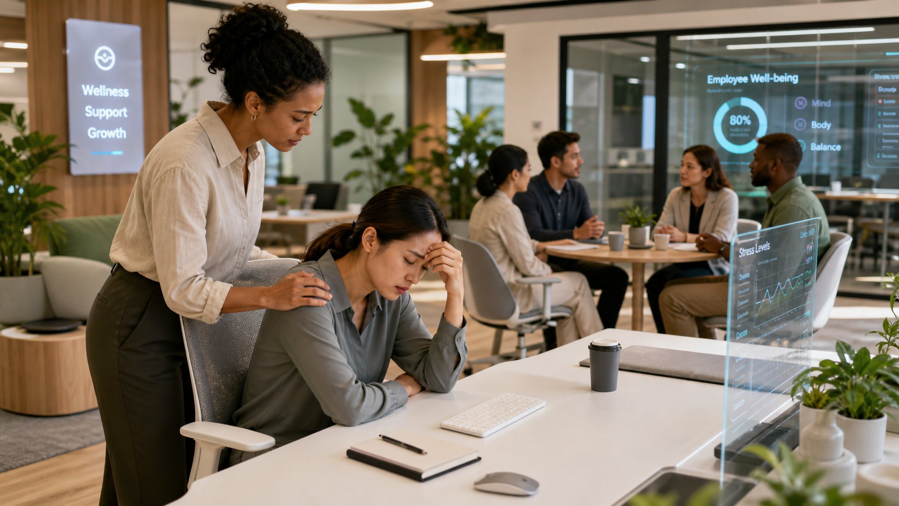 Sejumlah karyawan di kantor modern saling memberikan dukungan emosional, dengan satu orang tampak stres dan rekannya memberikan semangat di ruang kerja yang cerah dan nyaman.