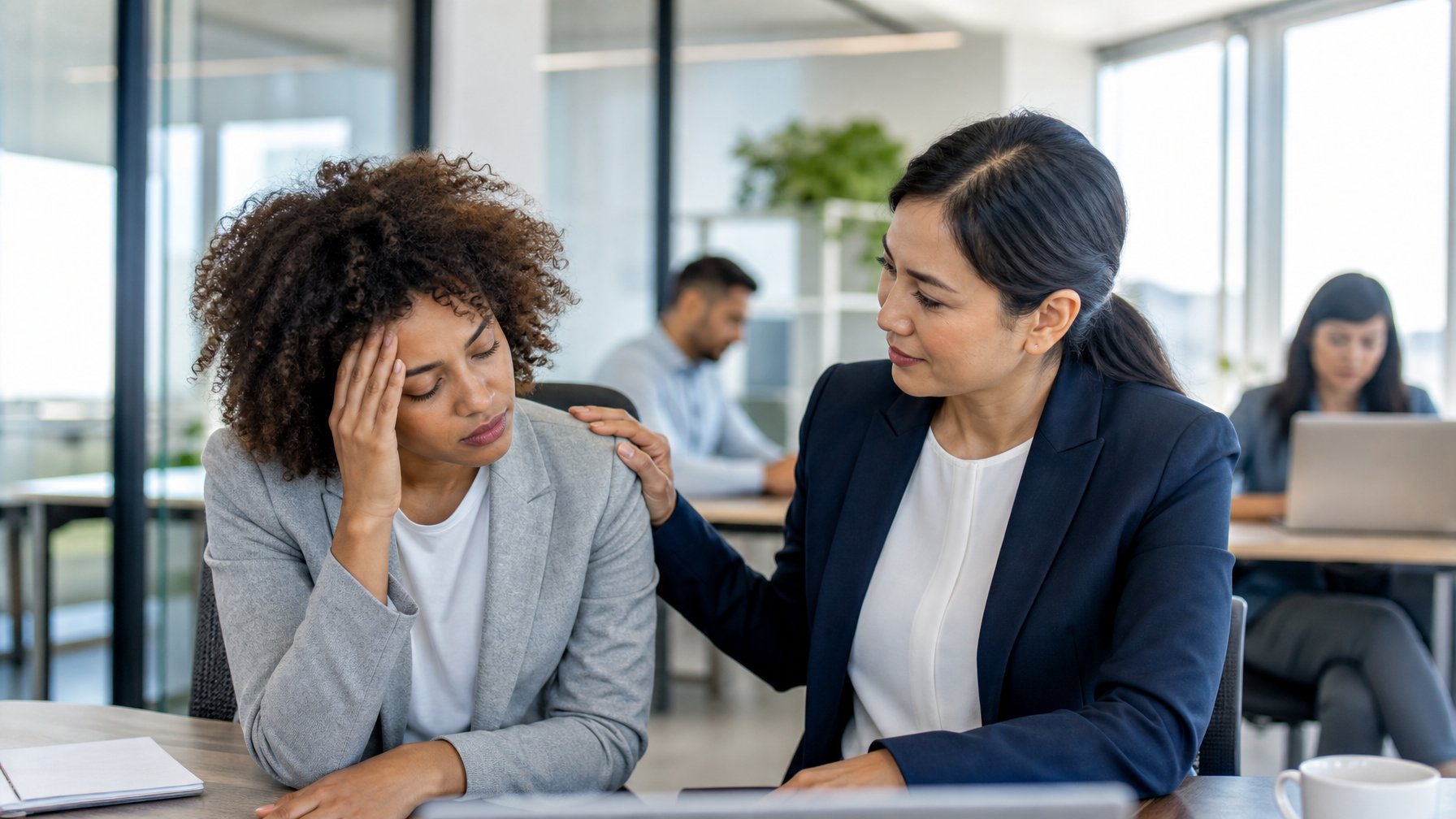 Seorang manajer memberikan dukungan emosional kepada karyawan yang terlihat stres di kantor modern dengan suasana tenang.