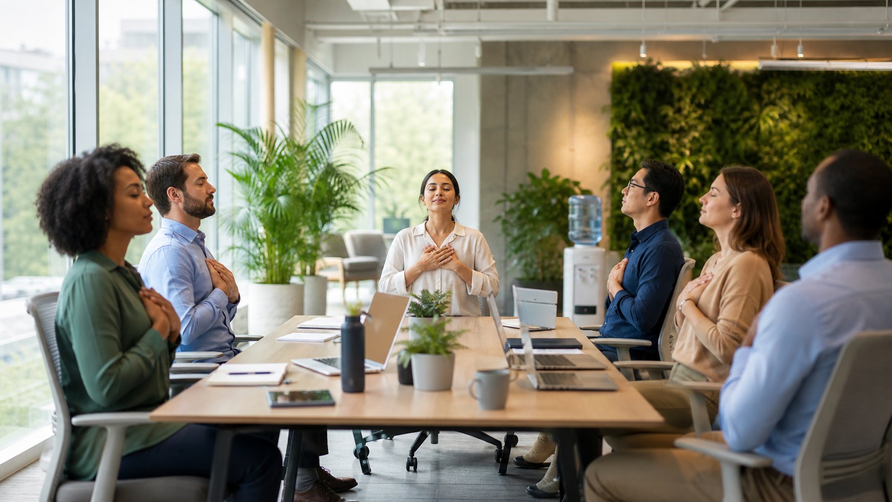 Sekelompok karyawan sedang melakukan pertemuan santai di ruang kantor yang terang dengan tanaman dan furnitur ergonomis.