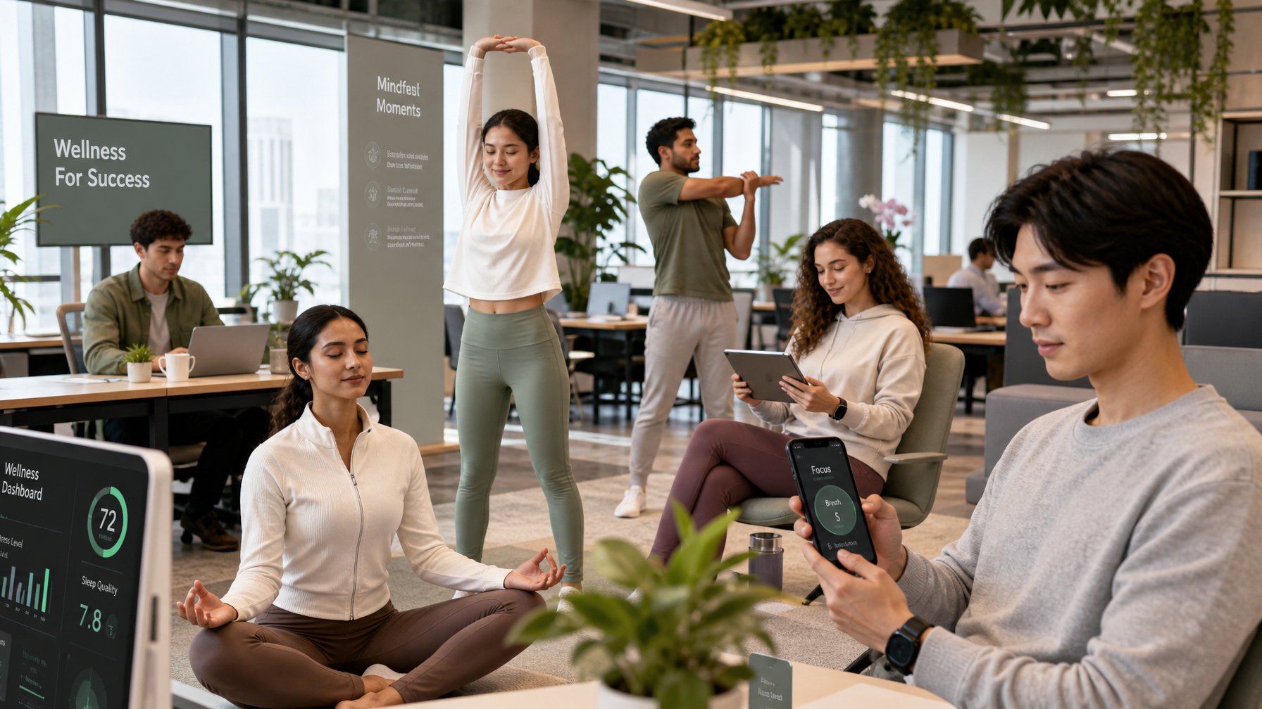 Sekelompok profesional muda dari generasi Milenial dan Gen Z sedang melakukan aktivitas manajemen stres di kantor modern dengan pencahayaan alami dan tanaman hijau.