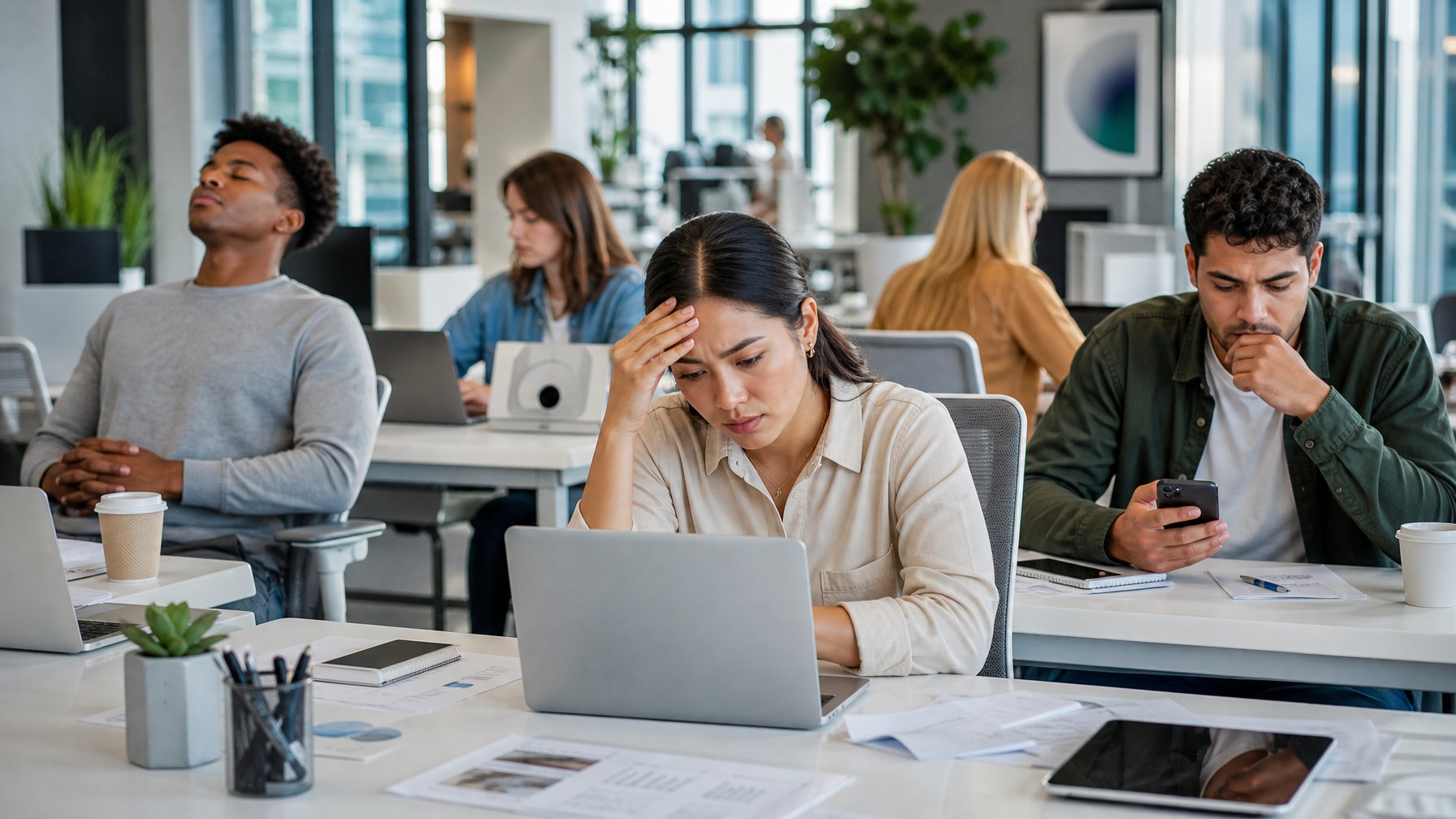 Sekelompok profesional muda dari generasi Milenial dan Gen Z di kantor modern menunjukkan tanda-tanda stres kerja sambil bekerja.