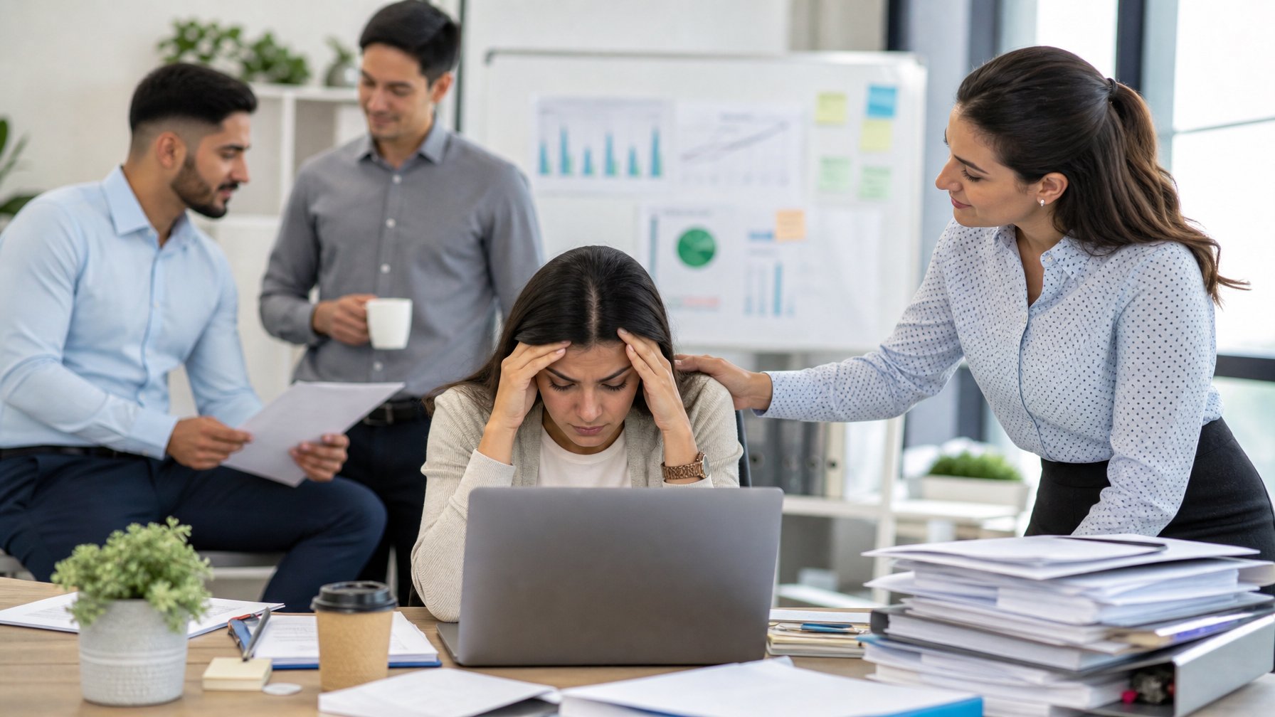 Seorang pekerja kantor terlihat stres duduk di meja dengan tumpukan dokumen, sementara rekan kerjanya memberikan dukungan di lingkungan kantor modern.