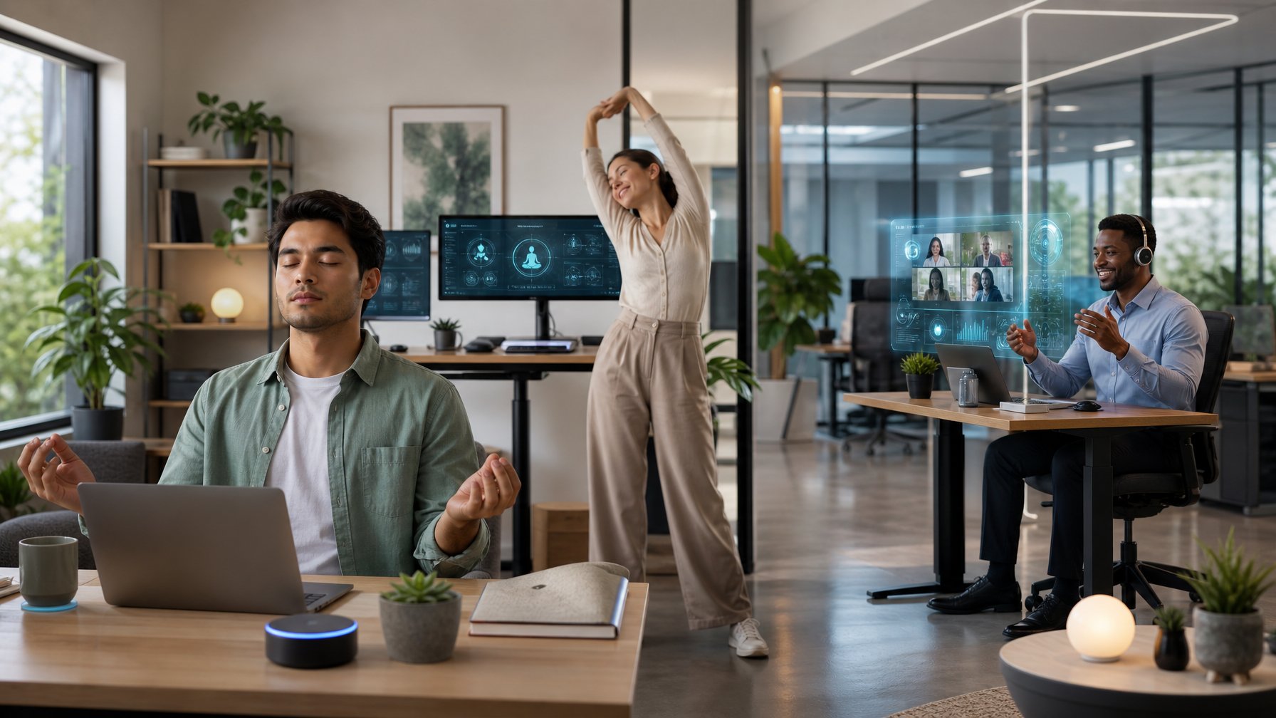 Beberapa pekerja jarak jauh dan hybrid sedang mengelola stres kerja di ruang kantor modern dan ruang kerja di rumah dengan suasana tenang dan nyaman.