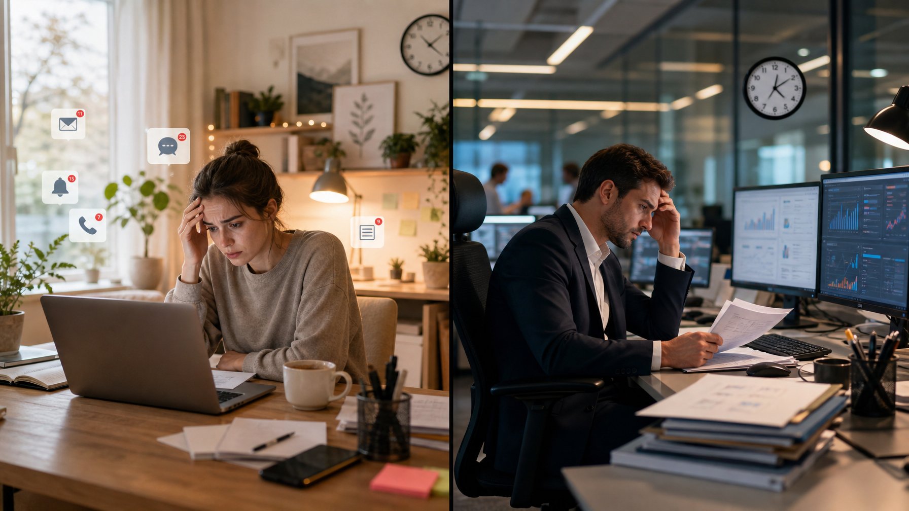 Seseorang yang bekerja dari rumah dengan laptop dan seseorang yang bekerja di kantor dengan monitor, keduanya terlihat fokus namun sedikit stres.