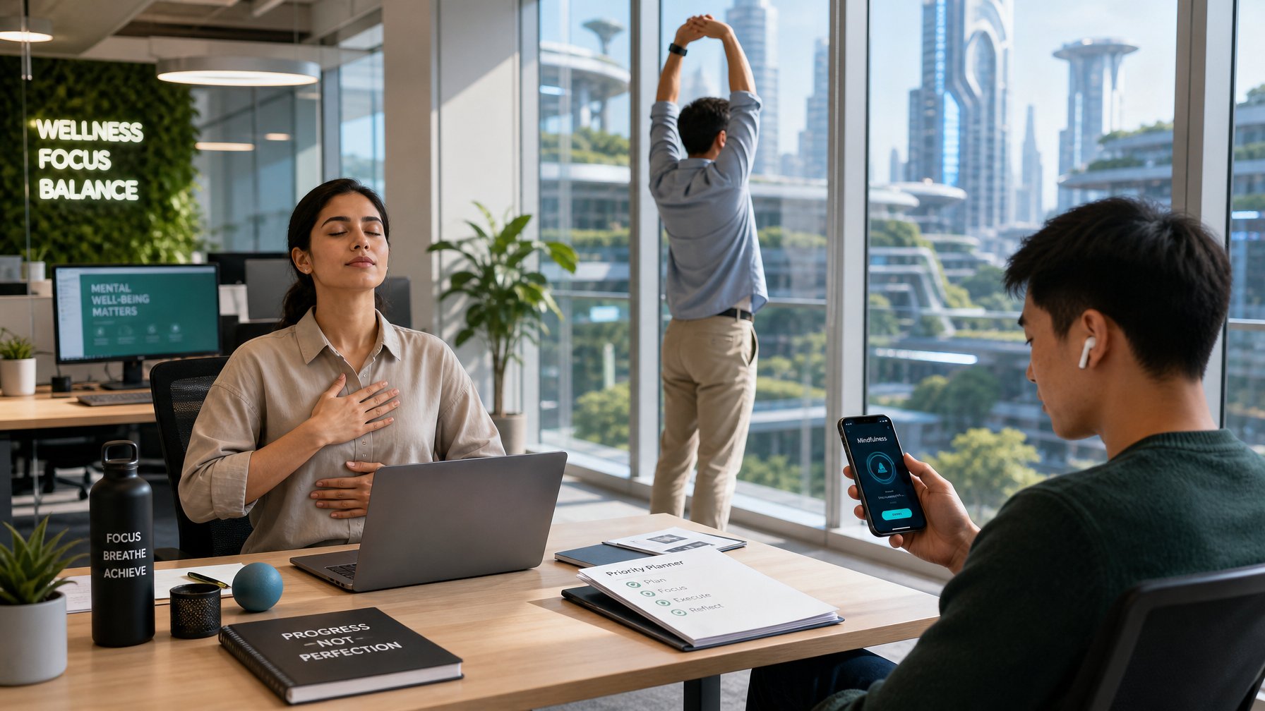 Sejumlah profesional muda di kantor modern sedang mengelola stres kerja dengan beristirahat, melakukan peregangan, dan fokus pada tugas mereka.