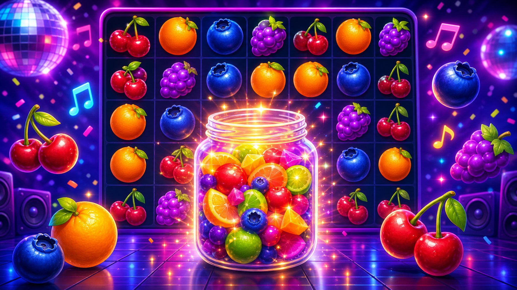 A Colorful Slot Machine Scene Featuring Oversized Fruit Icons And A Glowing Jam Jar Surrounded By Sparkles And Musical Notes.