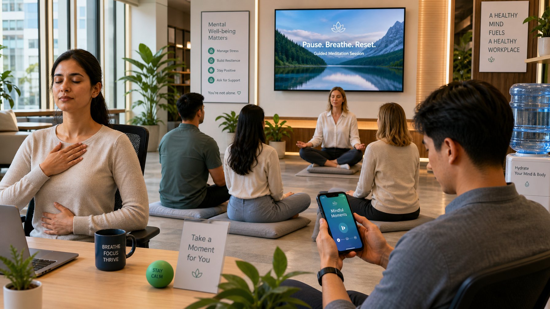 Sejumlah pekerja kantor sedang melakukan aktivitas manajemen stres seperti meditasi dan latihan pernapasan di ruang kerja yang terang dan nyaman.