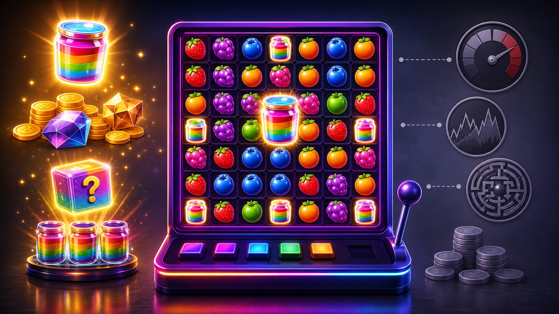 A Colorful Slot Machine With Glowing Jars Filled With Fruits, Surrounded By Icons Representing Its Strengths And Limitations.