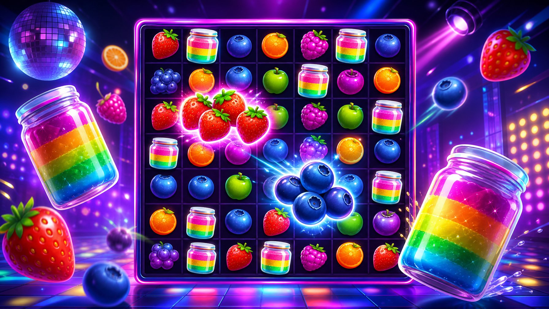 Colorful Jars Filled With Fruits Arranged On A Slot Machine Grid With Glowing Lights And Sparkling Effects.