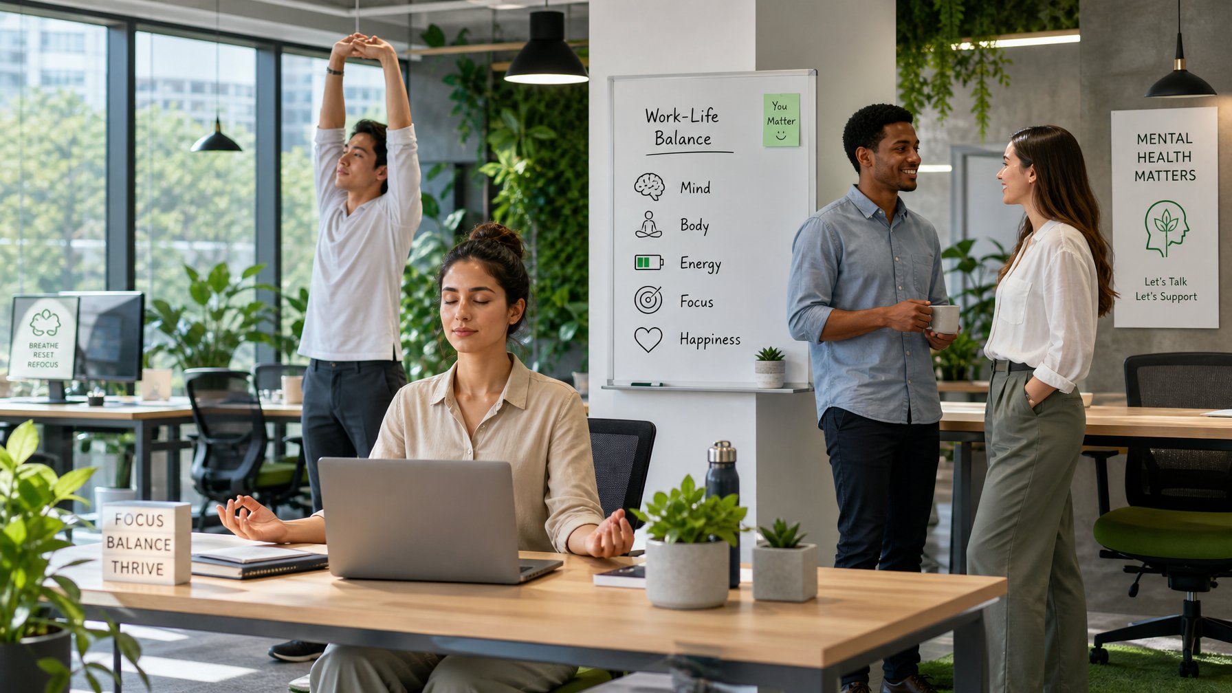 Beberapa profesional muda di kantor modern sedang melakukan aktivitas untuk mengelola stres kerja dan menyeimbangkan karir, kehidupan, dan kesehatan mental.