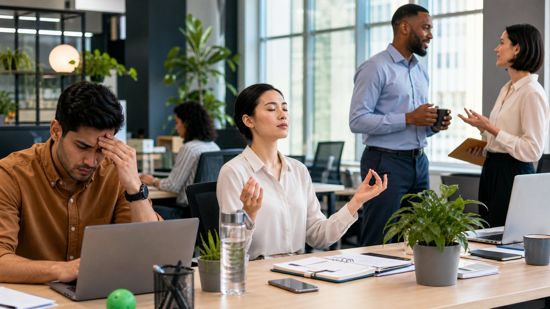Beberapa karyawan di kantor modern yang menunjukkan situasi stres kerja dan cara mengelola stres dengan suasana seimbang antara pekerjaan dan kesehatan mental.
