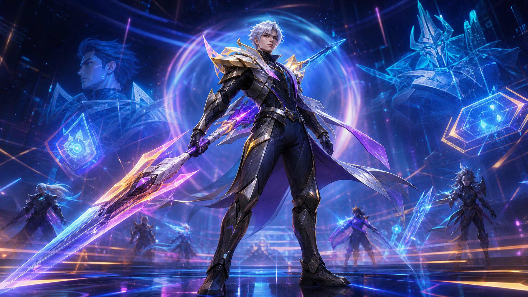 Seorang pahlawan kuat berdiri di arena digital dengan cahaya neon dan efek holografik, menggambarkan suasana pertandingan kompetitif Mobile Legends.