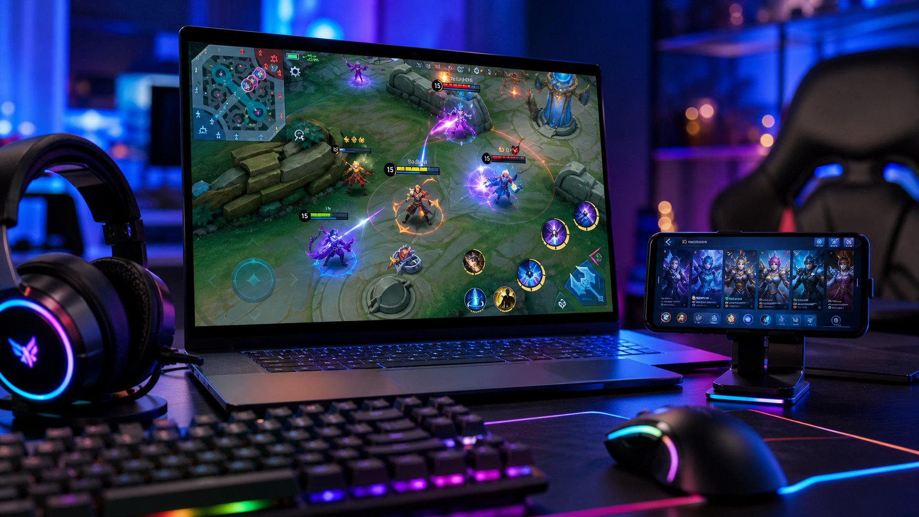 Setup gaming dengan laptop yang menampilkan pertarungan hero Mobile Legends 2026 dan aksesori gaming di sekitarnya.