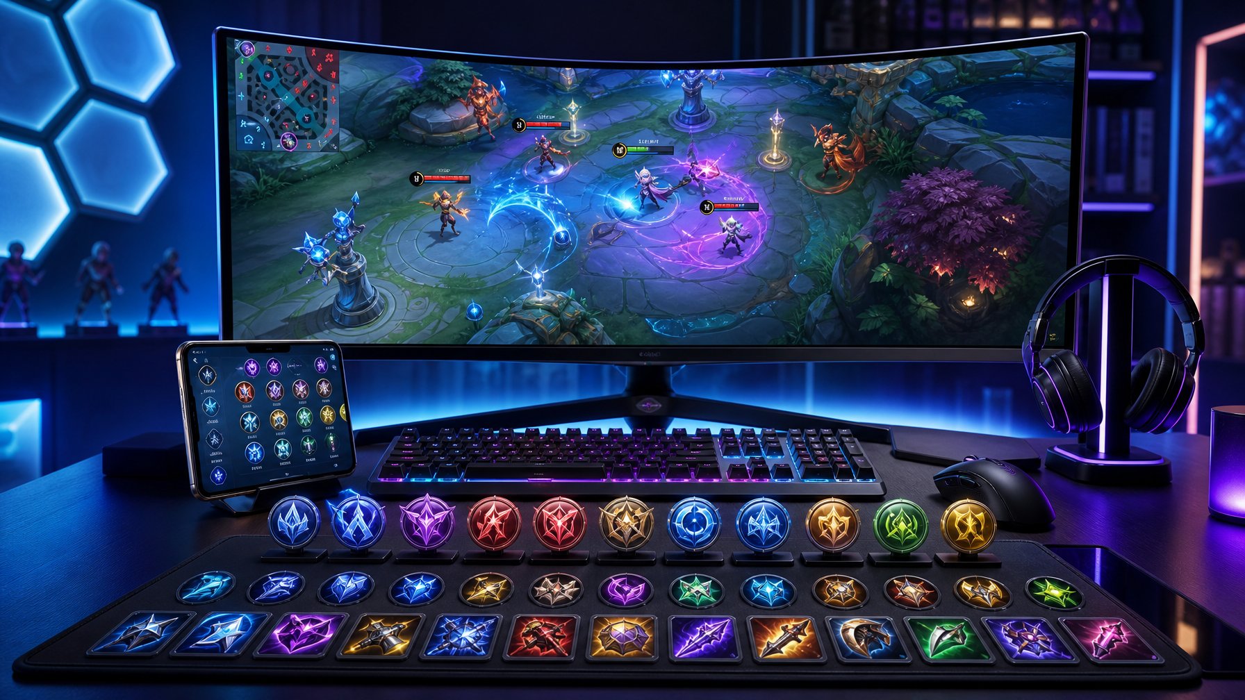 Setup gaming modern dengan monitor besar menampilkan arena pertempuran Mobile Legends yang penuh warna, dilengkapi dengan keyboard RGB, mouse gaming, dan ikon emblem, spell, serta item yang bersinar di atas meja.