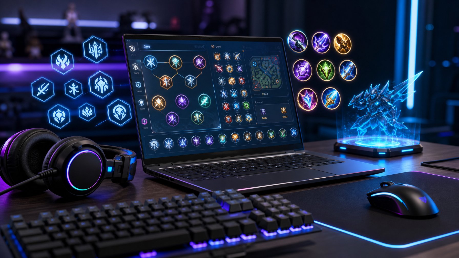 Seorang pemain game sedang fokus di depan laptop dengan tampilan permainan Mobile Legends yang menampilkan emblem, spell, dan item terbaru.