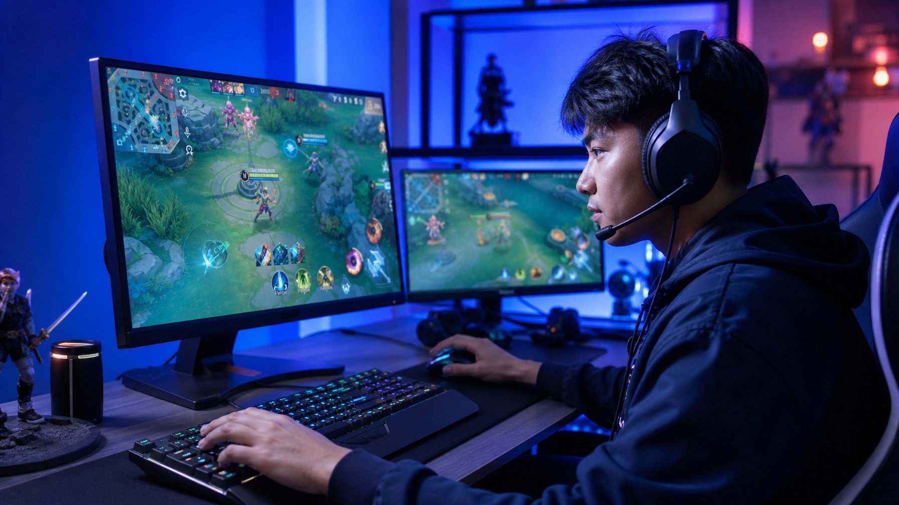 Seorang pemain muda fokus bermain Mobile Legends di depan beberapa monitor dengan pencahayaan ambient biru dan ungu.