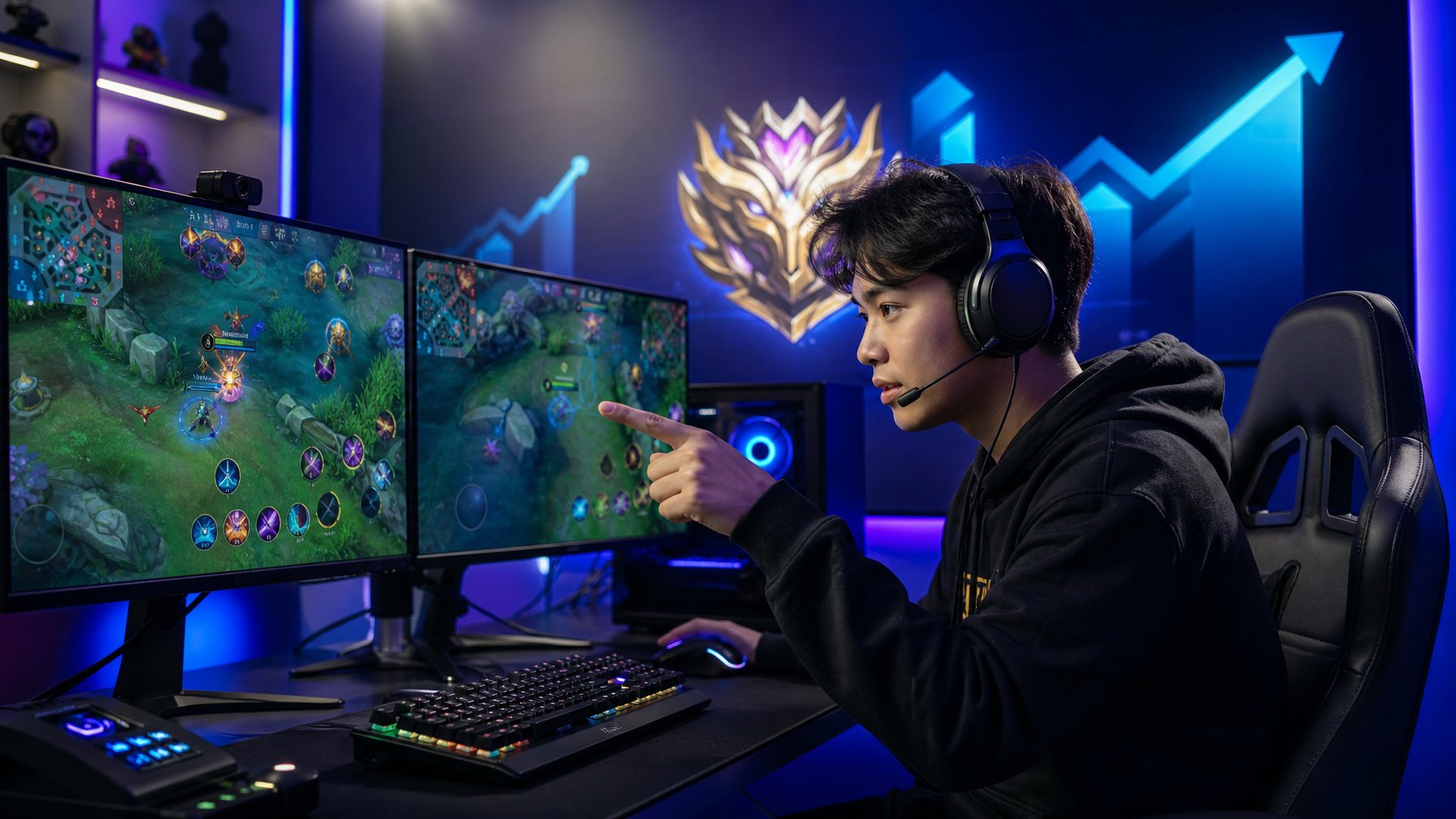 Seorang gamer muda fokus bermain Mobile Legends di depan komputer dengan pencahayaan ambient dan layar yang menampilkan grafik strategi permainan.