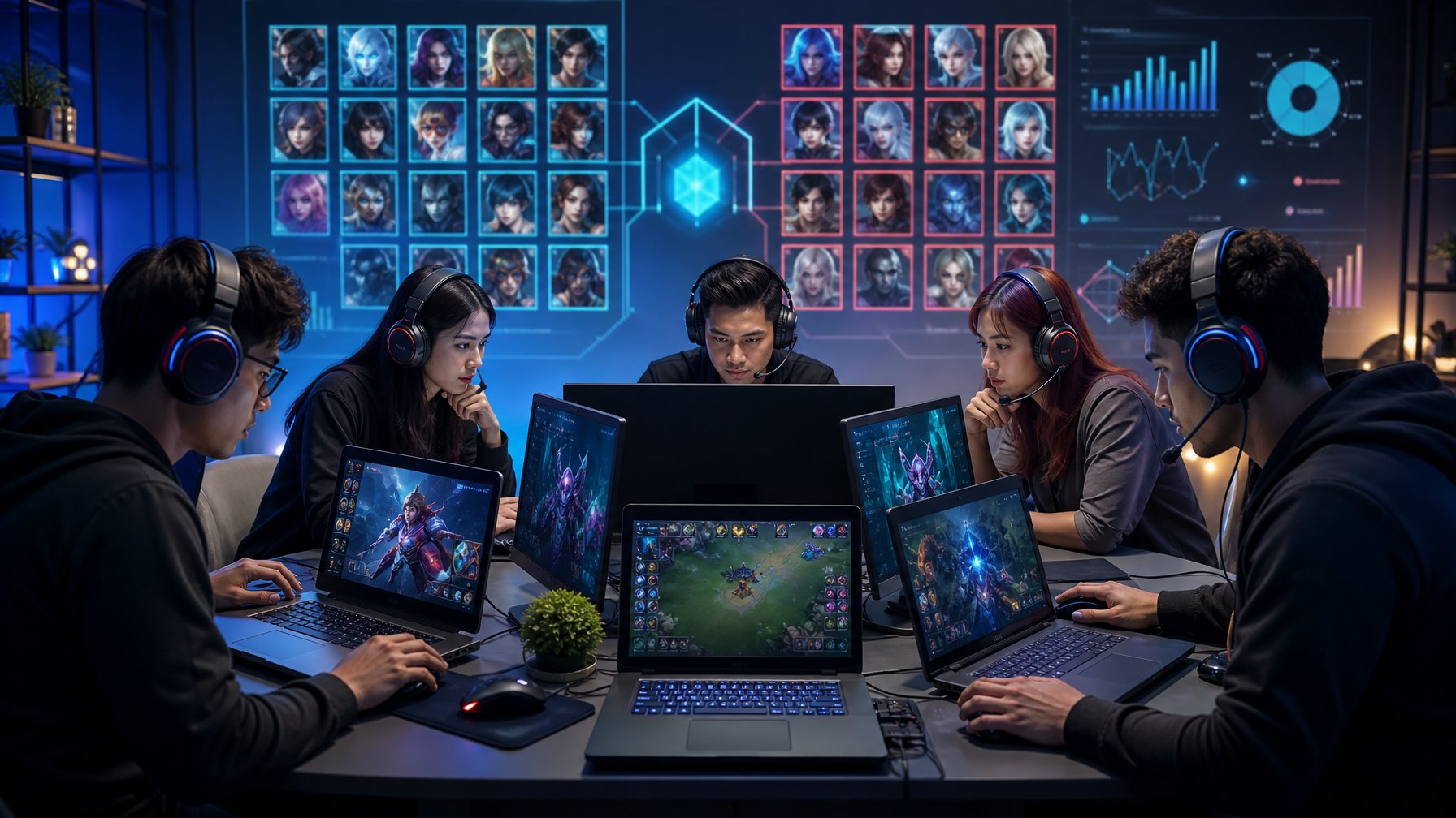 Sekelompok orang muda sedang bermain game Mobile Legends dengan serius di sebuah ruangan gaming modern.