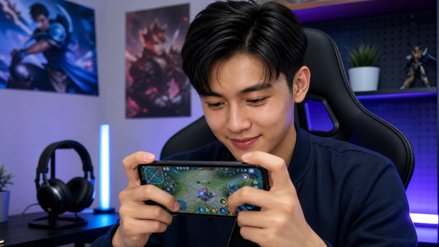 Seorang pemain muda sedang bermain Mobile Legends di ponsel dengan ekspresi fokus di meja gaming yang modern.