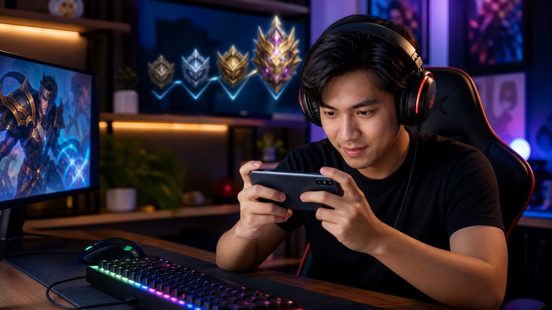 Seorang pria muda sedang bermain Mobile Legends di ponsel dengan fokus di sebuah ruang gaming yang nyaman dan terang.