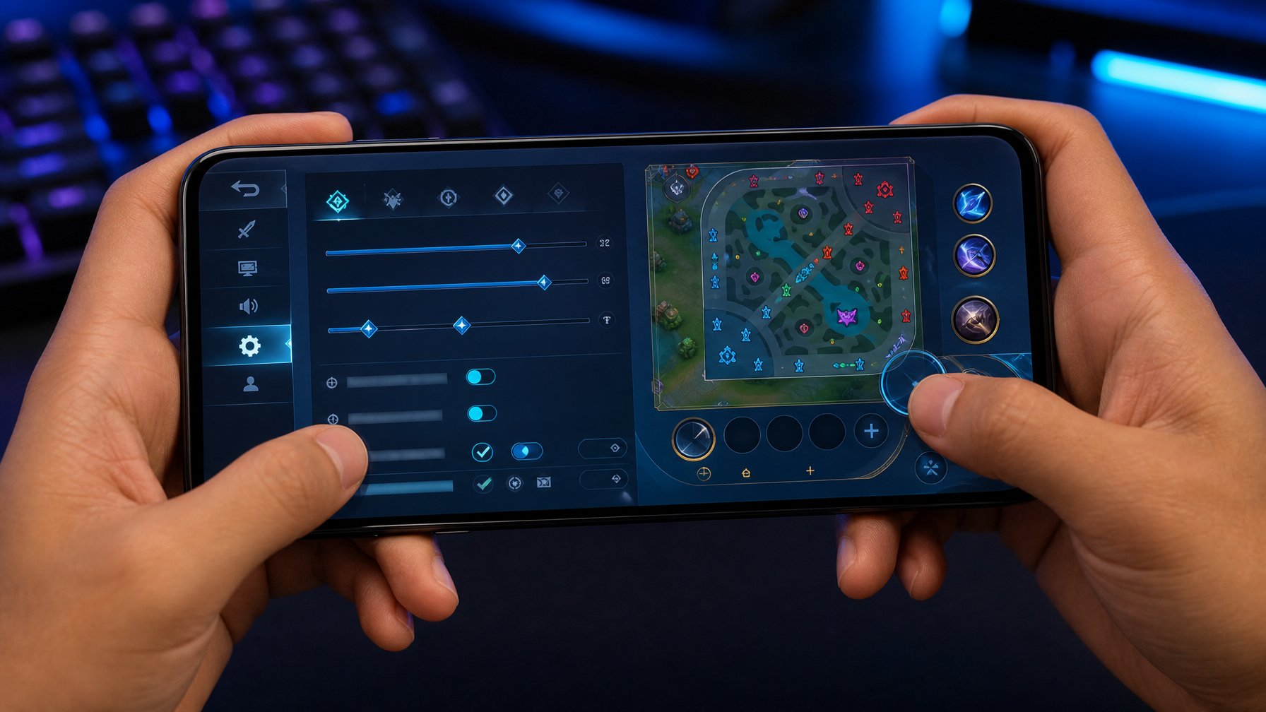 Seorang pemain memegang ponsel yang menampilkan pengaturan sensitivitas dan HUD dalam permainan Mobile Legends 2026.