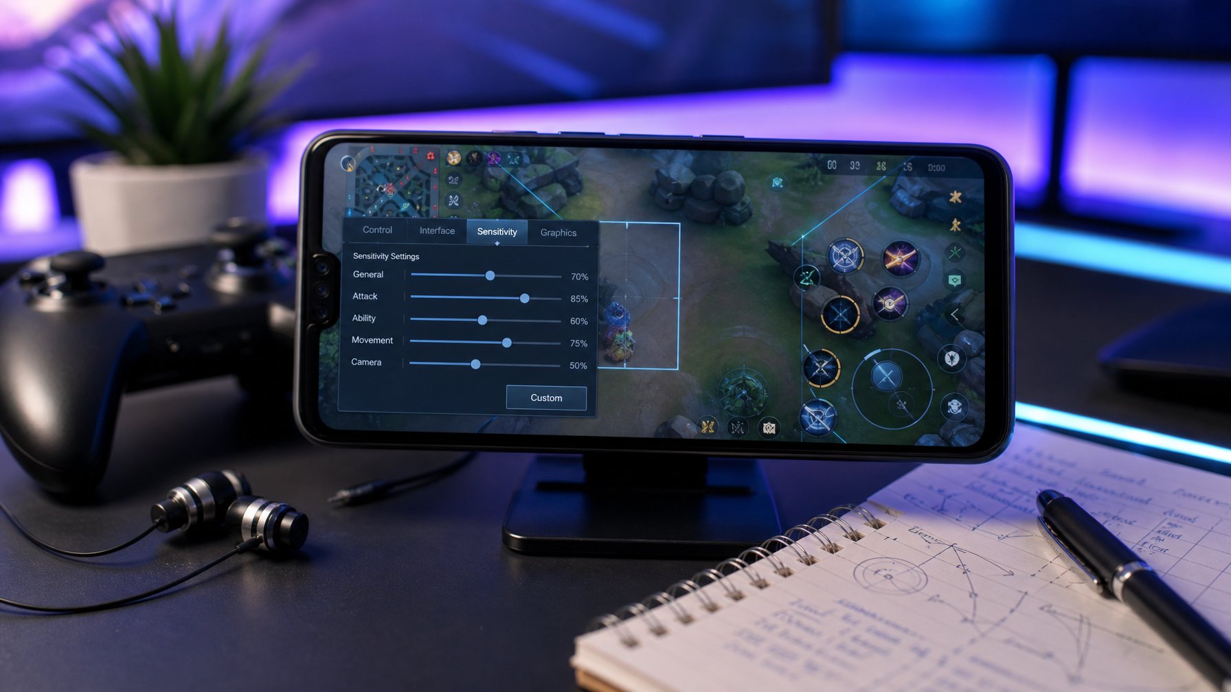 Seorang gamer menggunakan ponsel dengan tampilan pengaturan sensitivitas dan HUD Mobile Legends, disertai dengan aksesori gaming di meja.