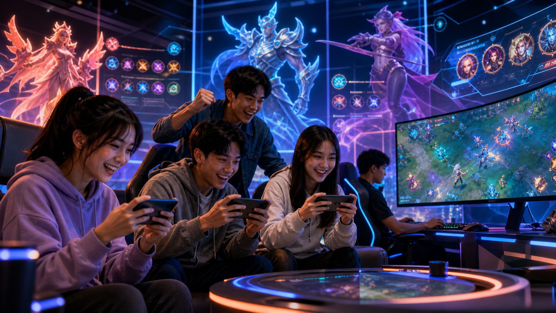 Sekelompok orang bermain game mobile dengan perangkat modern di ruangan berteknologi tinggi yang penuh dengan efek digital dan suasana kompetitif.