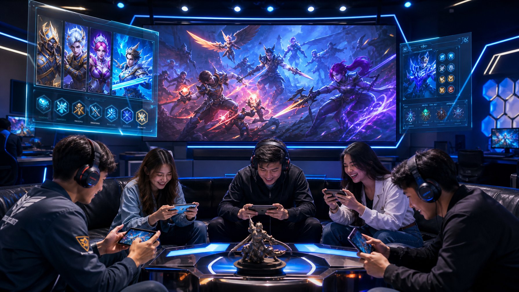 Sekelompok gamer sedang bermain Mobile Legends dengan latar belakang layar yang menampilkan pahlawan fantasi dan elemen permainan yang dinamis.
