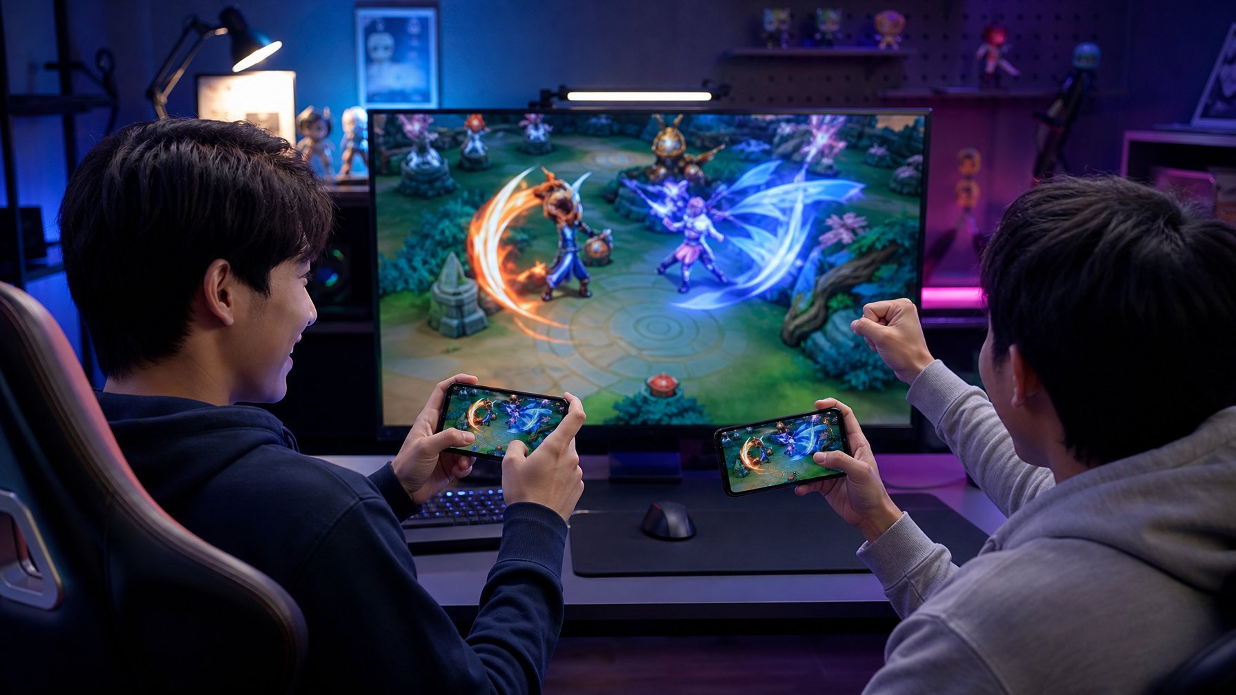 Dua teman bermain Mobile Legends bersama di depan komputer dengan layar menampilkan aksi combo hero yang kuat.