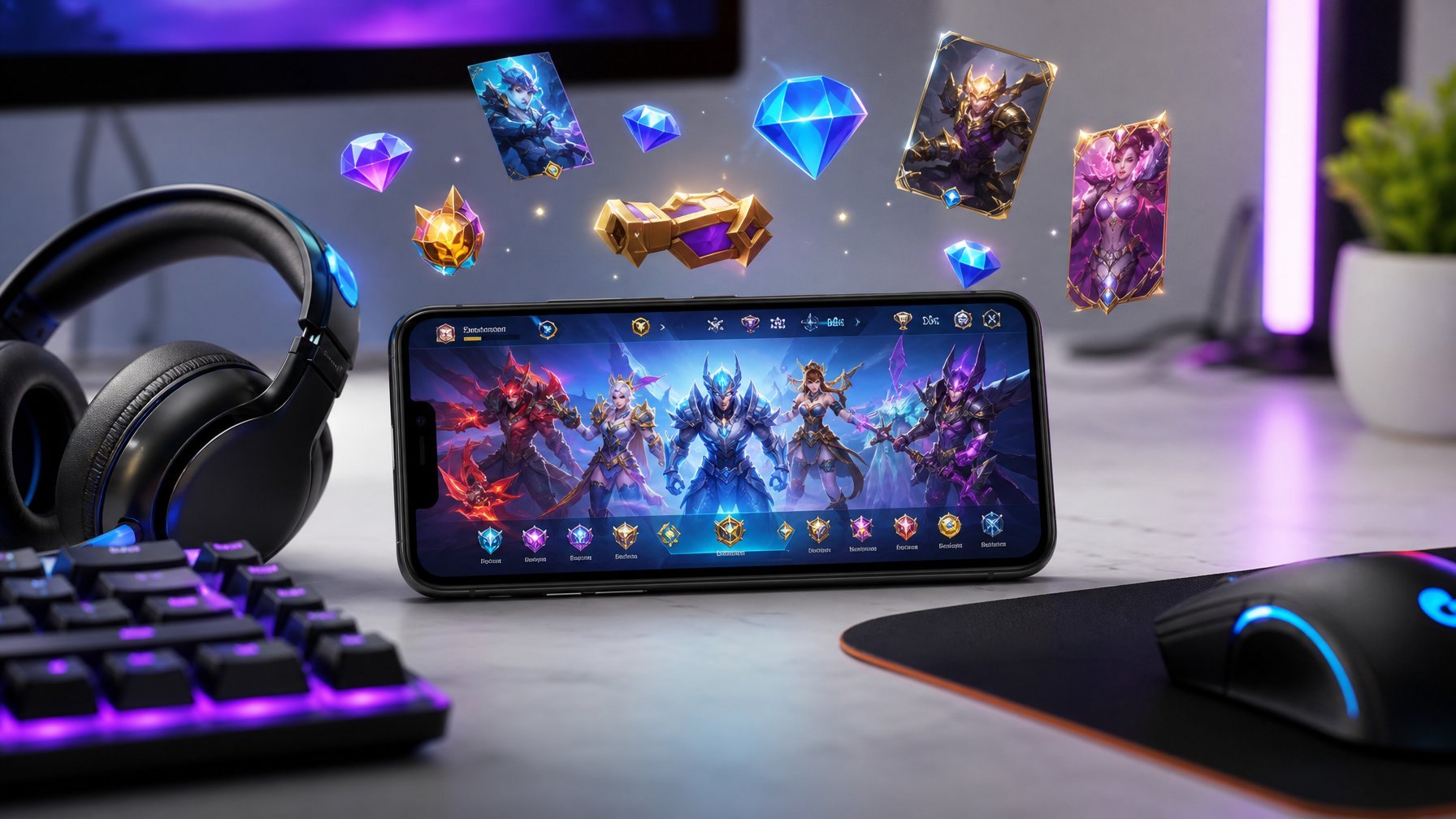 Sebuah ponsel pintar menampilkan permainan Mobile Legends di atas meja kerja dengan aksesori gaming di sekitarnya.