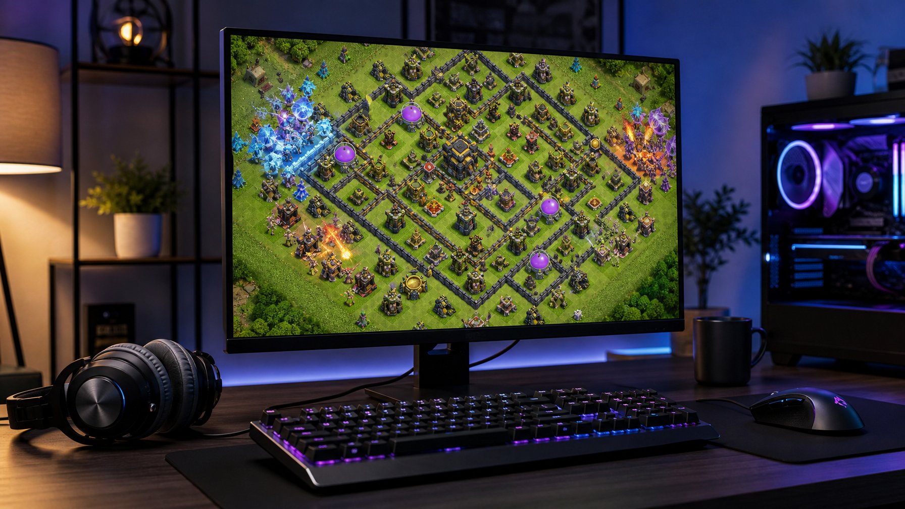 Sebuah meja gaming dengan komputer menampilkan permainan Clash of Clans dan perlengkapan gaming di sekitarnya.