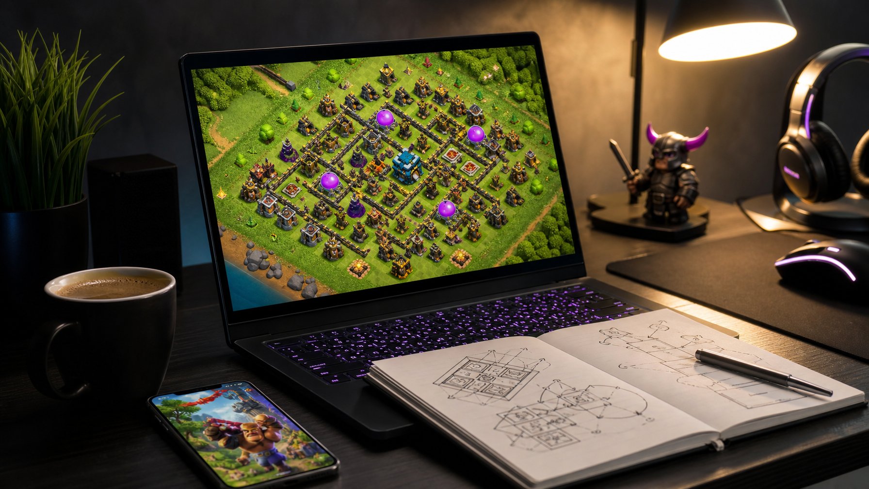 Seorang gamer sedang fokus bermain Clash of Clans di komputer dengan catatan strategi di meja dan suasana yang tenang.