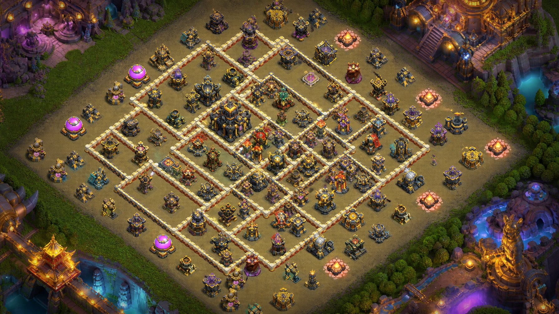 Tampilan atas dari desain base Clash of Clans Town Hall 17 yang sangat kuat dan dilindungi dengan bangunan permanen dan tembok yang rapi.