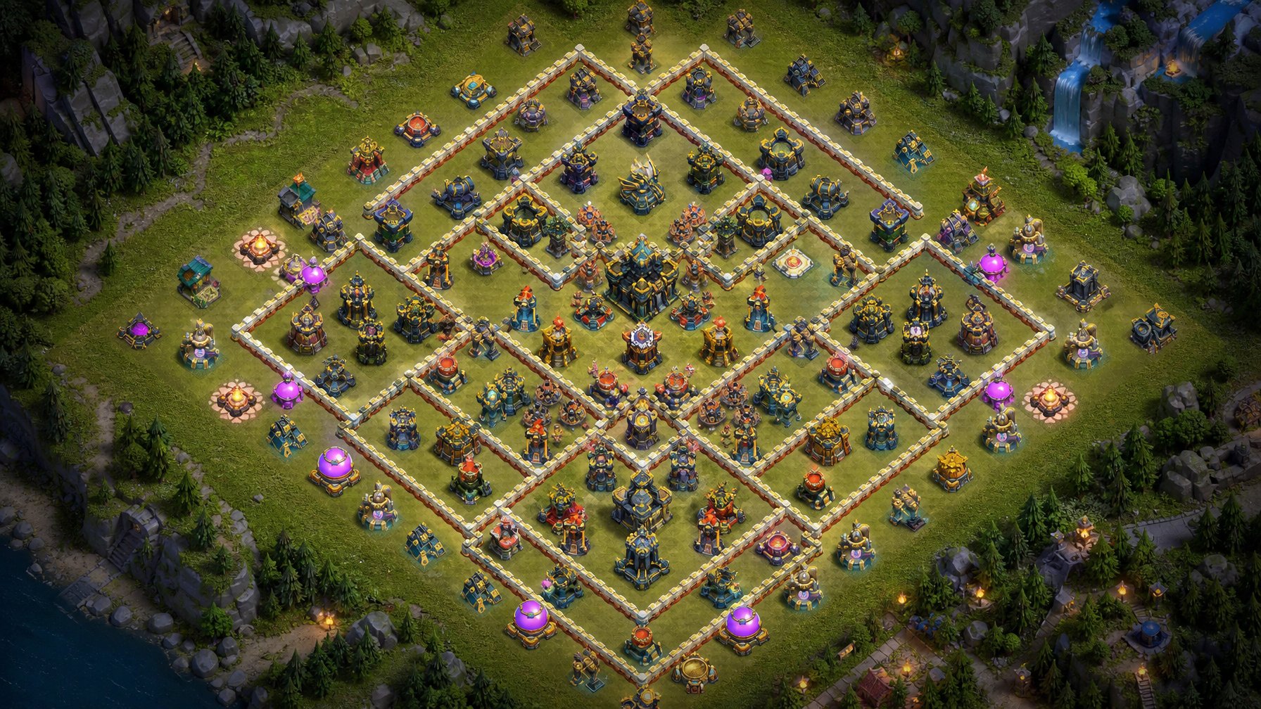 Tampilan atas sebuah tata letak base Town Hall 17 yang kuat dan terlindungi dalam permainan Clash of Clans dengan berbagai bangunan pertahanan dan tembok.