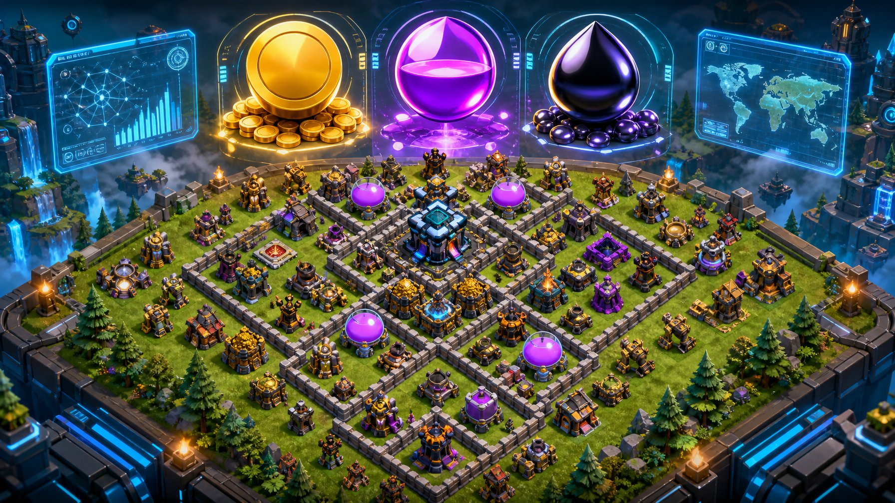 Ilustrasi medan pertempuran digital dengan ikon sumber daya emas, ramuan, dan ramuan gelap serta tata letak desa Clash of Clans yang diselenggarakan dengan bangunan pertahanan dan pengumpul sumber daya.