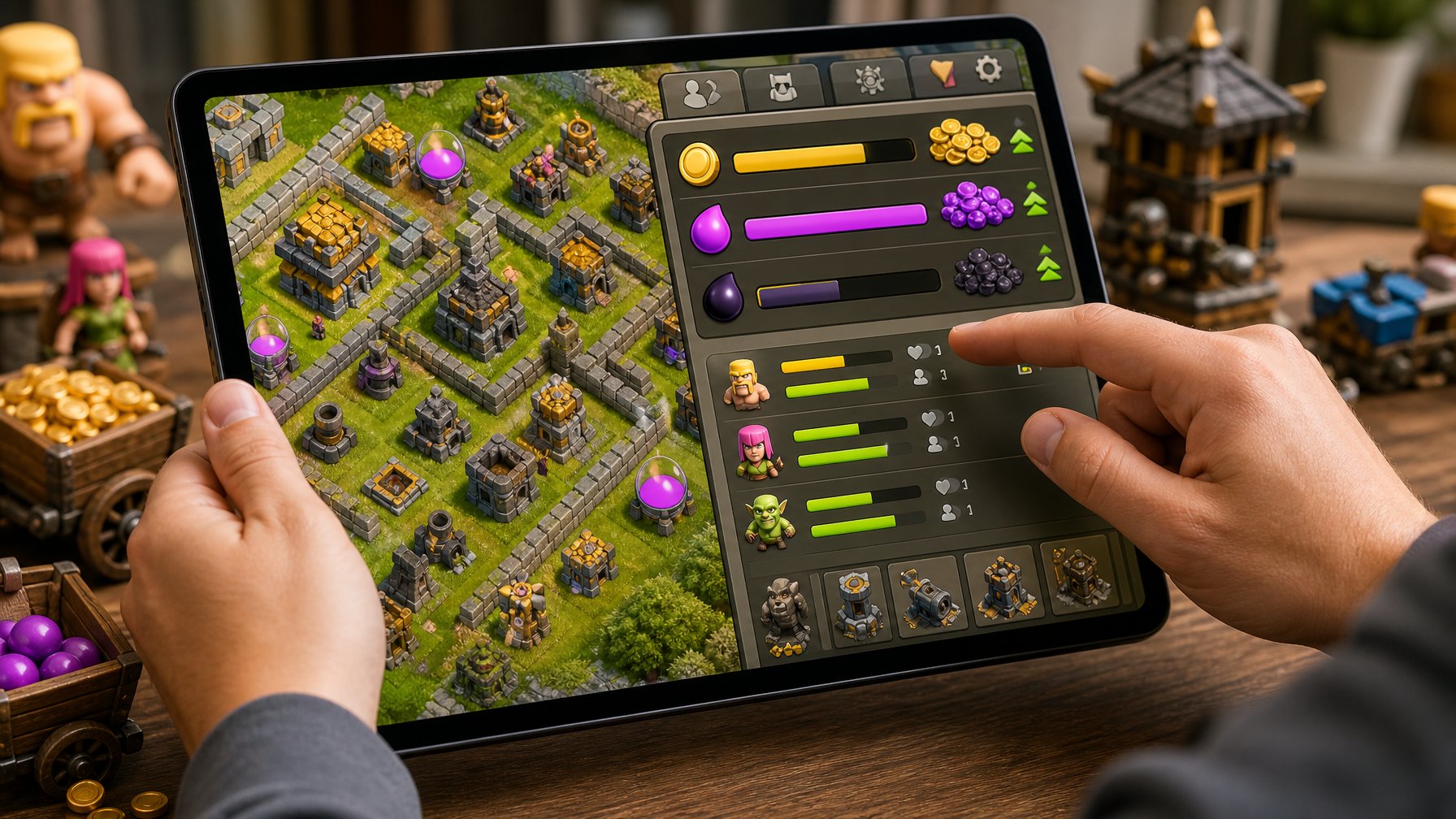 Seorang pemain sedang menggunakan tablet untuk mengatur pengumpulan sumber daya dalam permainan strategi dengan ikon sumber daya dan elemen permainan di layar.