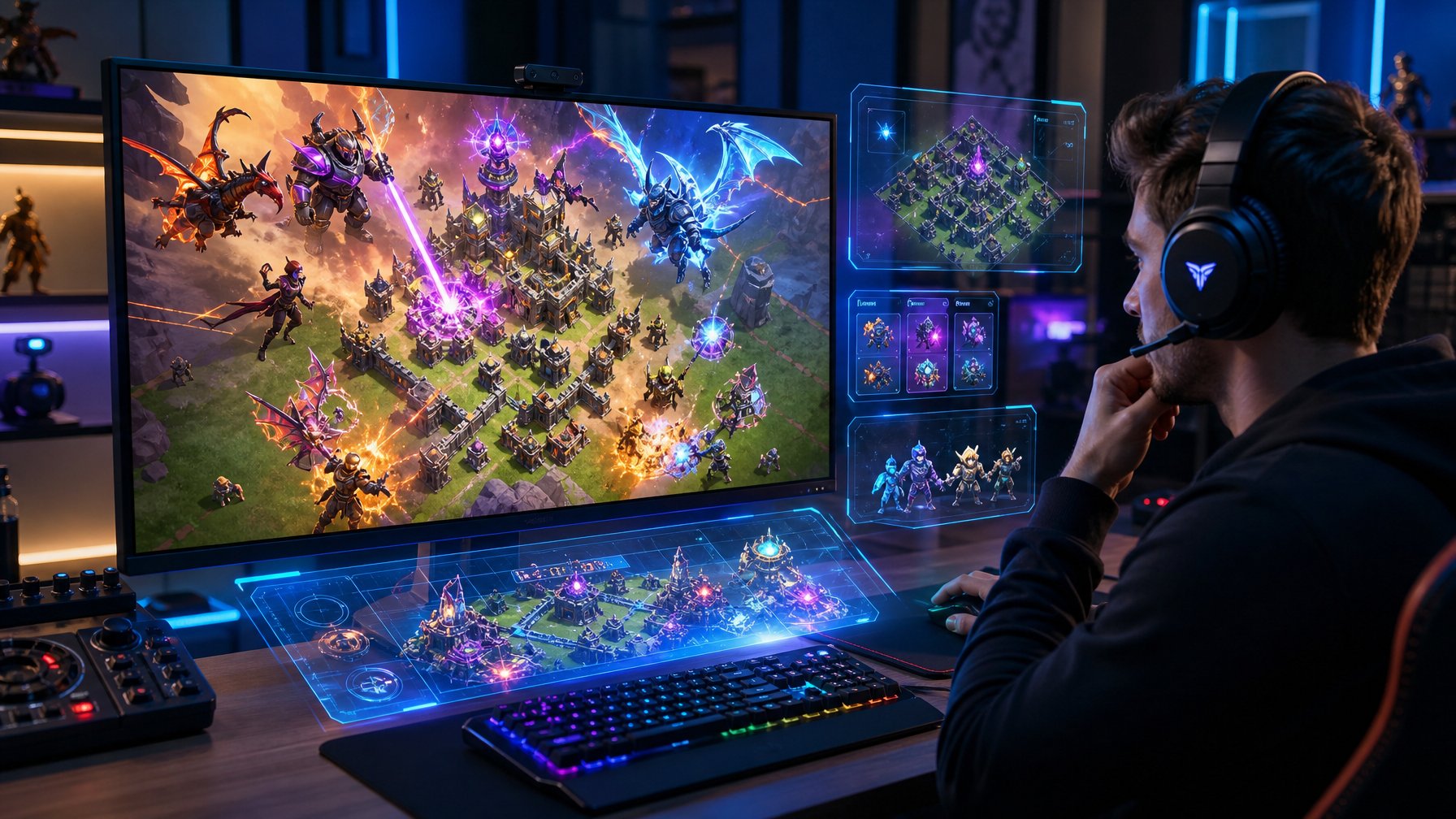 Seorang pemain game sedang fokus di depan komputer dengan layar menampilkan adegan pertempuran futuristik dari permainan Clash of Clans terbaru.