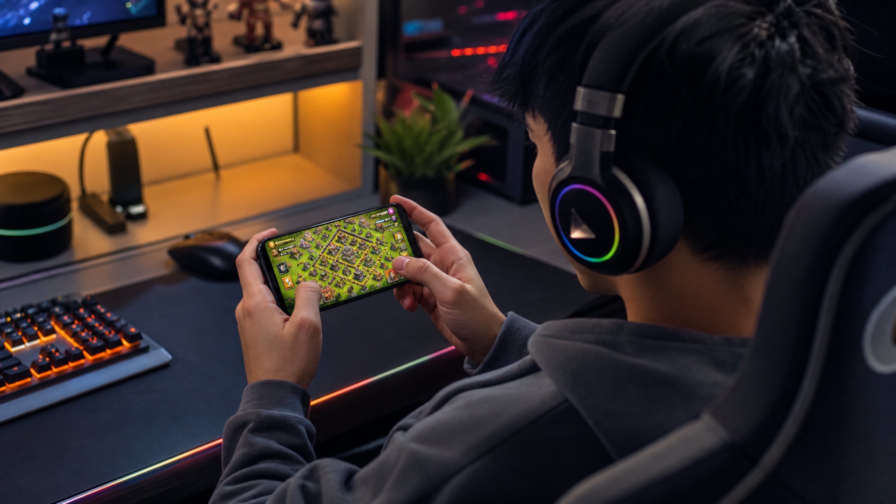 Seorang pemain muda fokus bermain game strategi di ponsel dengan perlengkapan gaming di meja yang rapi.