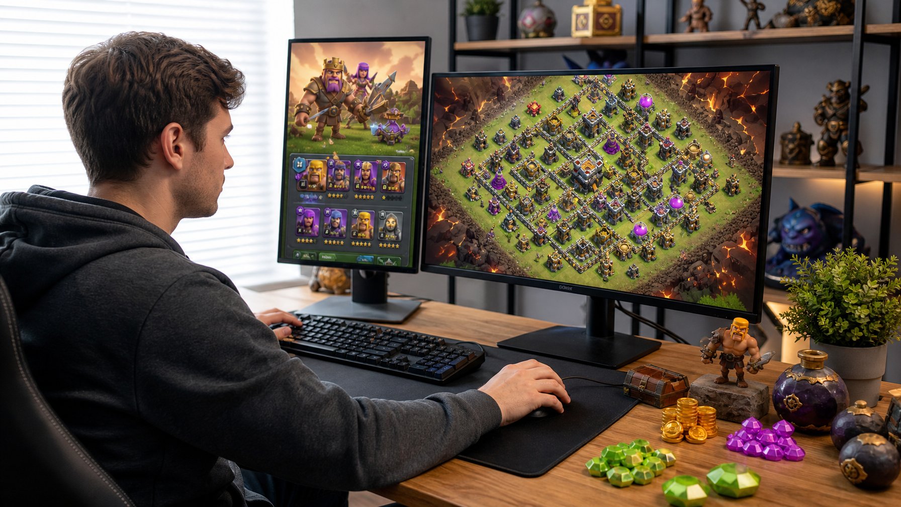 Seorang pemain muda fokus bermain game di depan beberapa layar yang menampilkan permainan Clash of Clans dengan suasana ruangan gaming yang rapi dan terang.