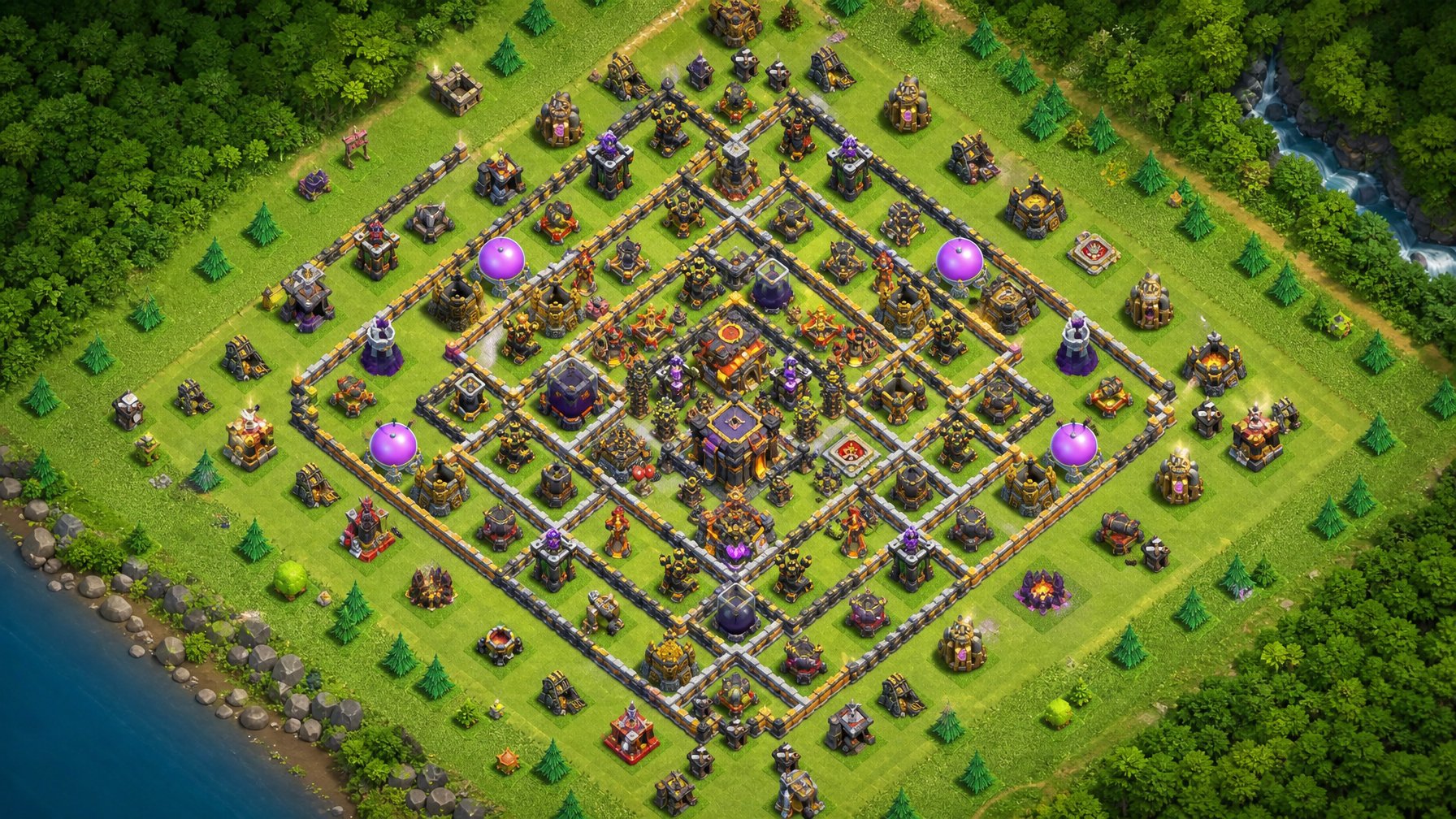 Tampilan atas sebuah desa Clash of Clans dengan tata letak pertahanan yang rapi dan terorganisir untuk berbagai tingkat Balai Kota.