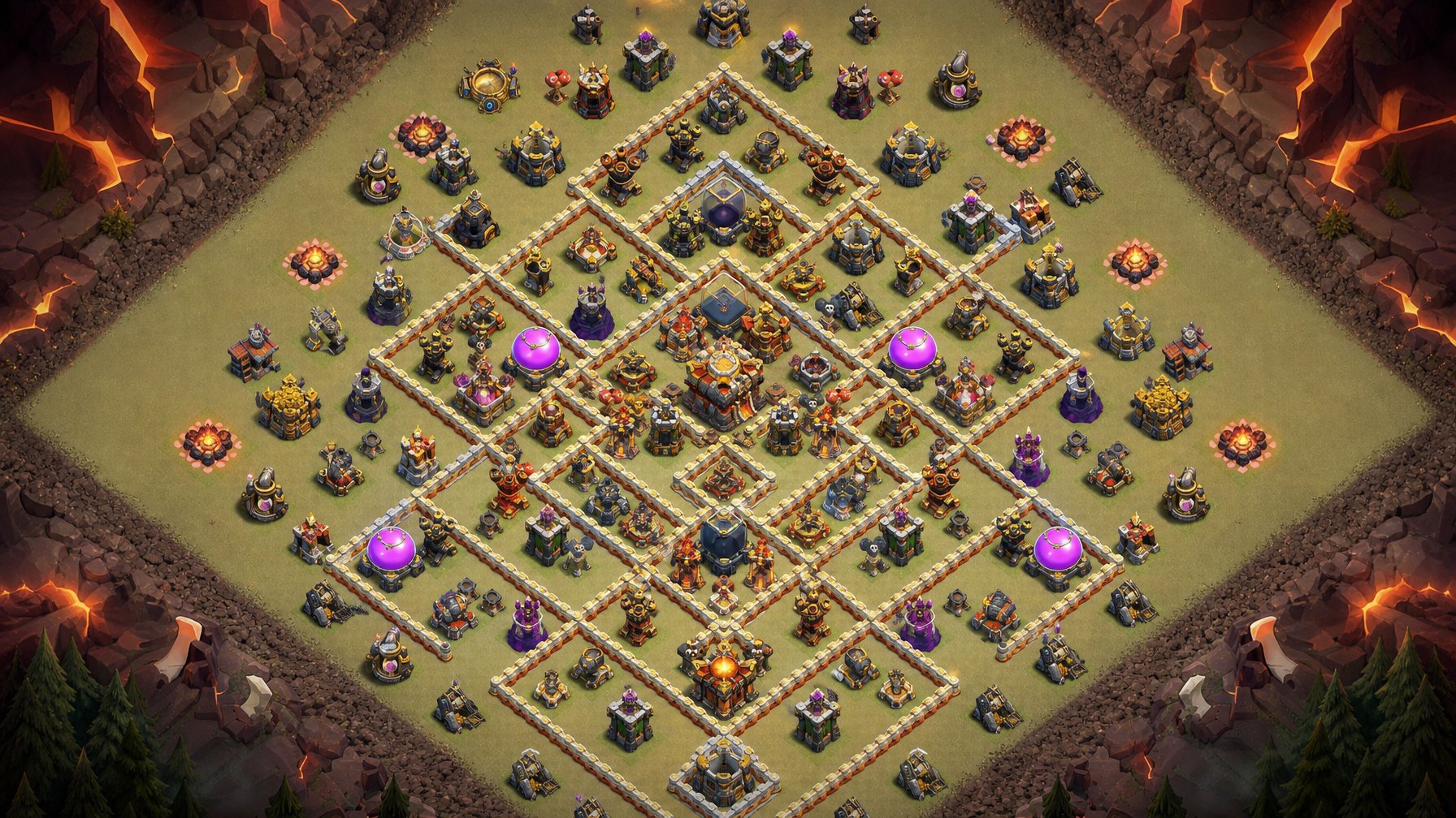 Tampilan atas tata letak base Clash of Clans dengan berbagai bangunan pertahanan dan Town Hall yang tersusun rapi.