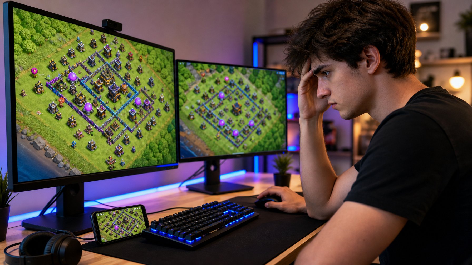 Seorang pemain muda sedang bermain Clash of Clans di meja gaming dengan dua monitor, tampak fokus namun sedikit kecewa.