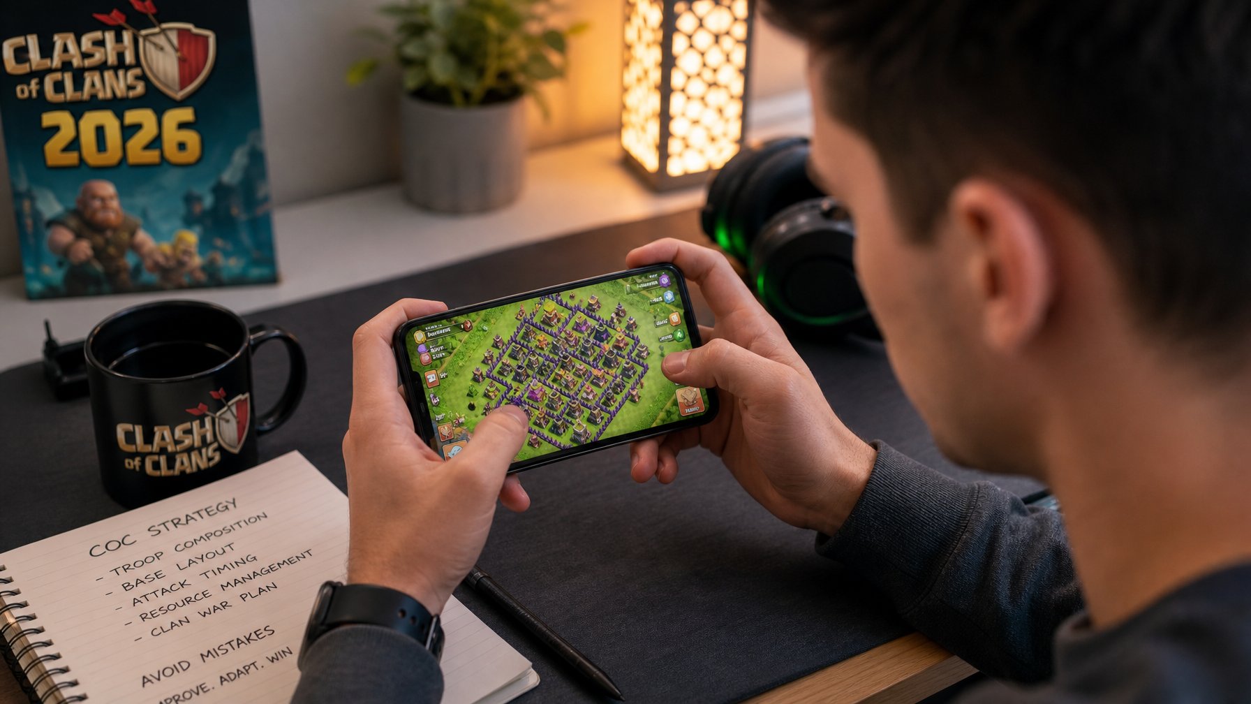 Seorang pemain muda fokus bermain game strategi di ponsel dengan meja yang rapi dan perlengkapan gaming di sekitarnya.