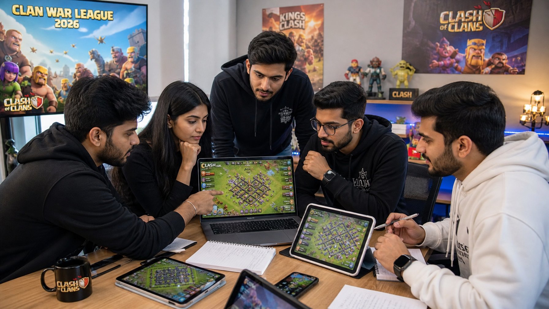 Sekelompok orang muda sedang berdiskusi dan merencanakan strategi permainan Clash of Clans di sebuah ruangan dengan perangkat digital.