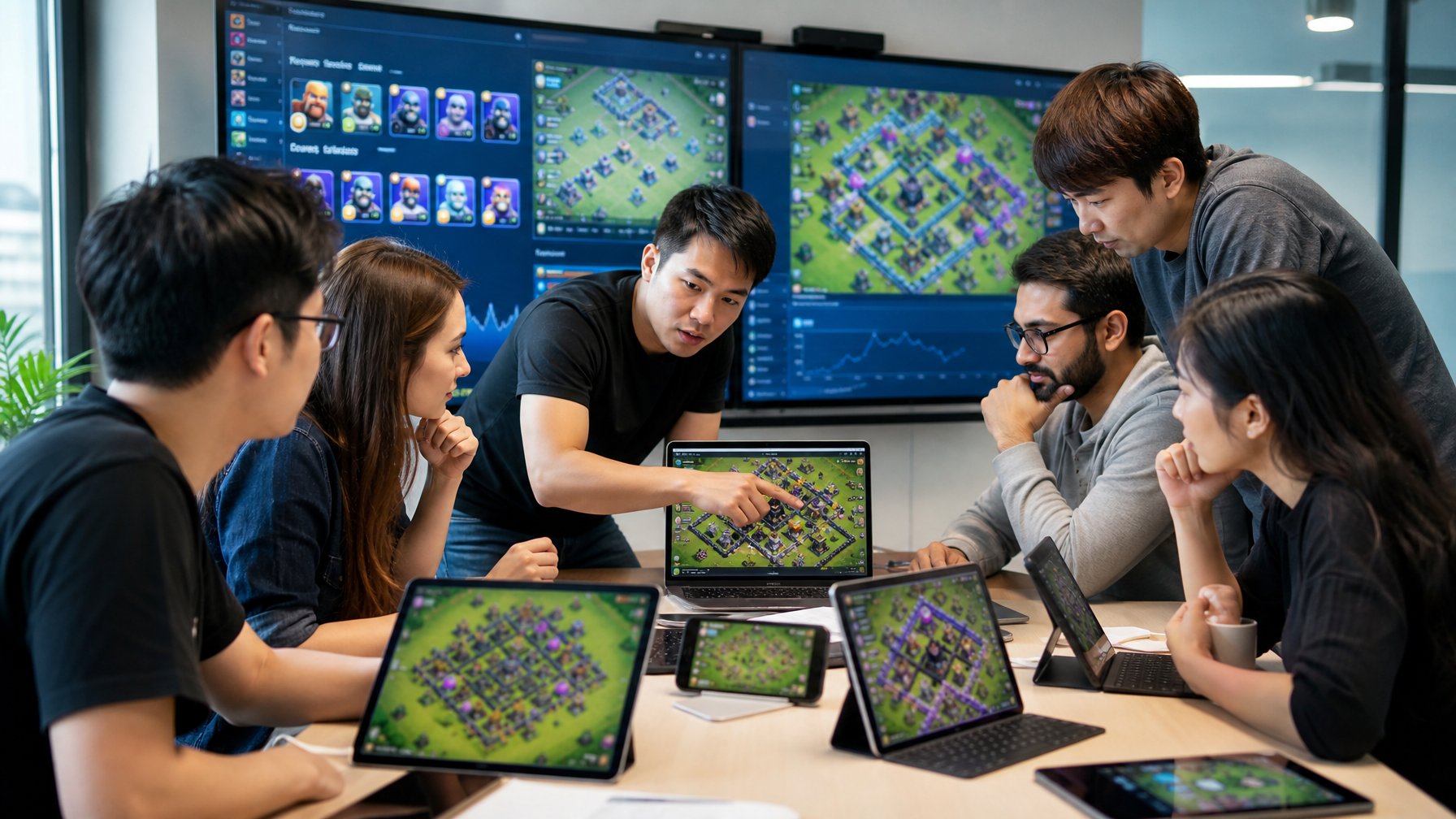 Sekelompok orang muda sedang berdiskusi strategi permainan Clash of Clans di ruang kerja modern dengan perangkat digital.