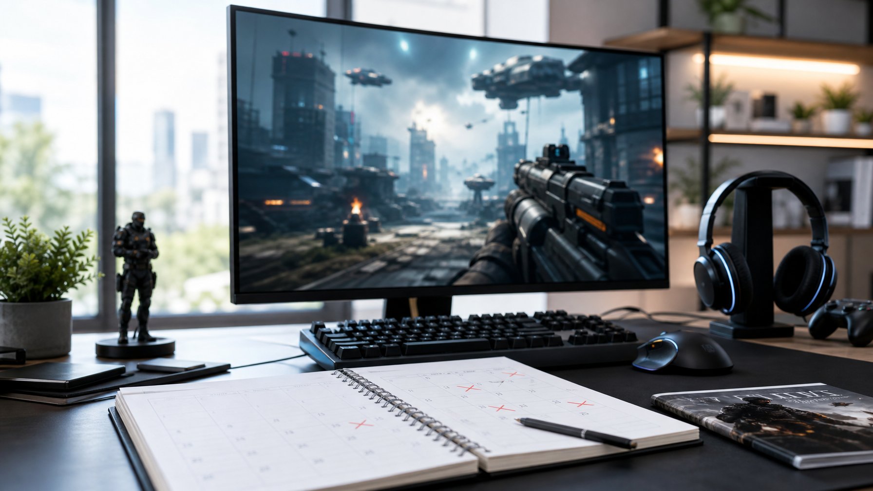 Meja kerja dengan komputer, aksesori gaming, dan kalender yang menunjukkan jadwal perilisan game.