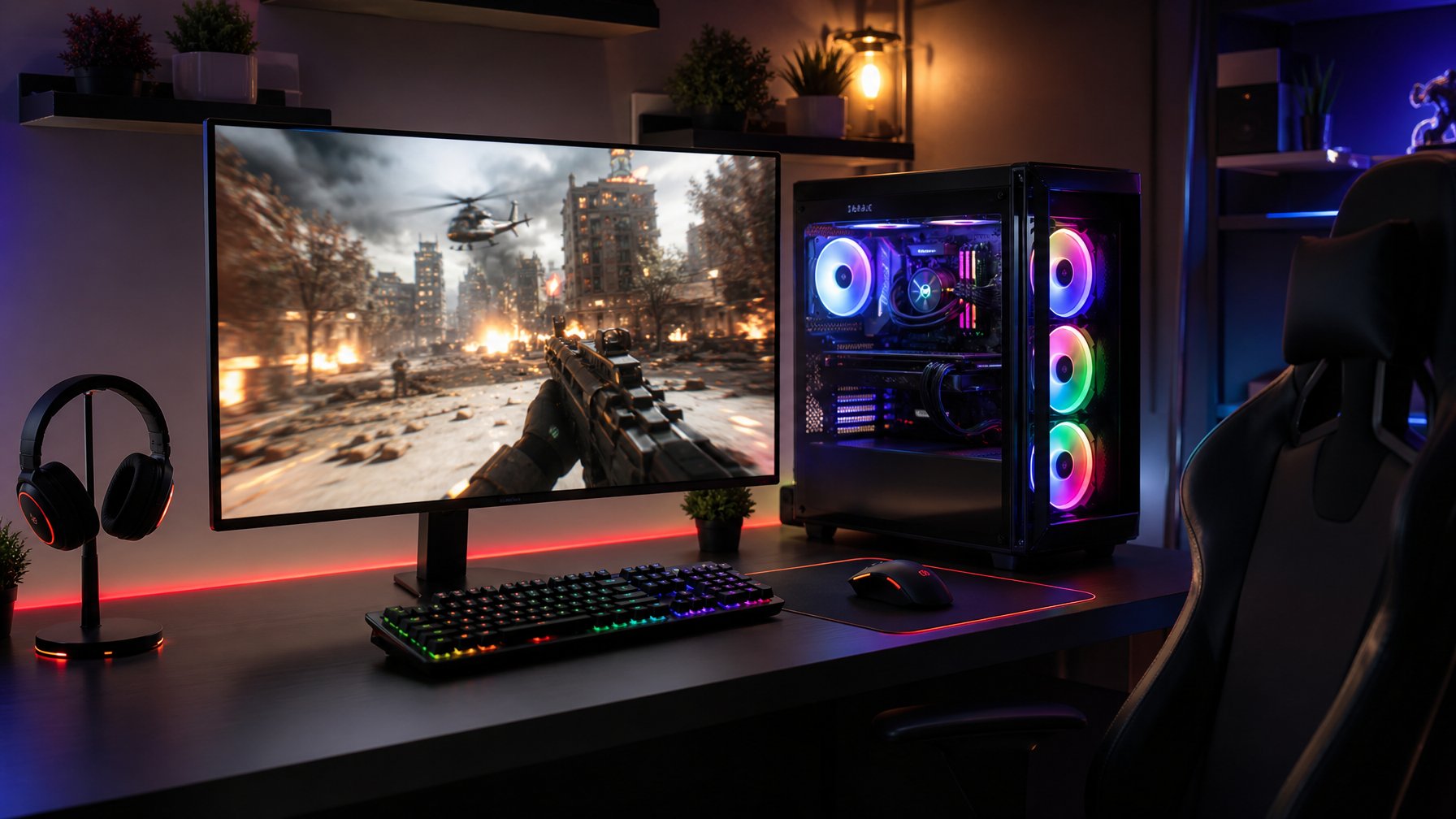 Sebuah setup gaming modern dengan komputer desktop, monitor, keyboard, dan mouse di atas meja yang rapi.
