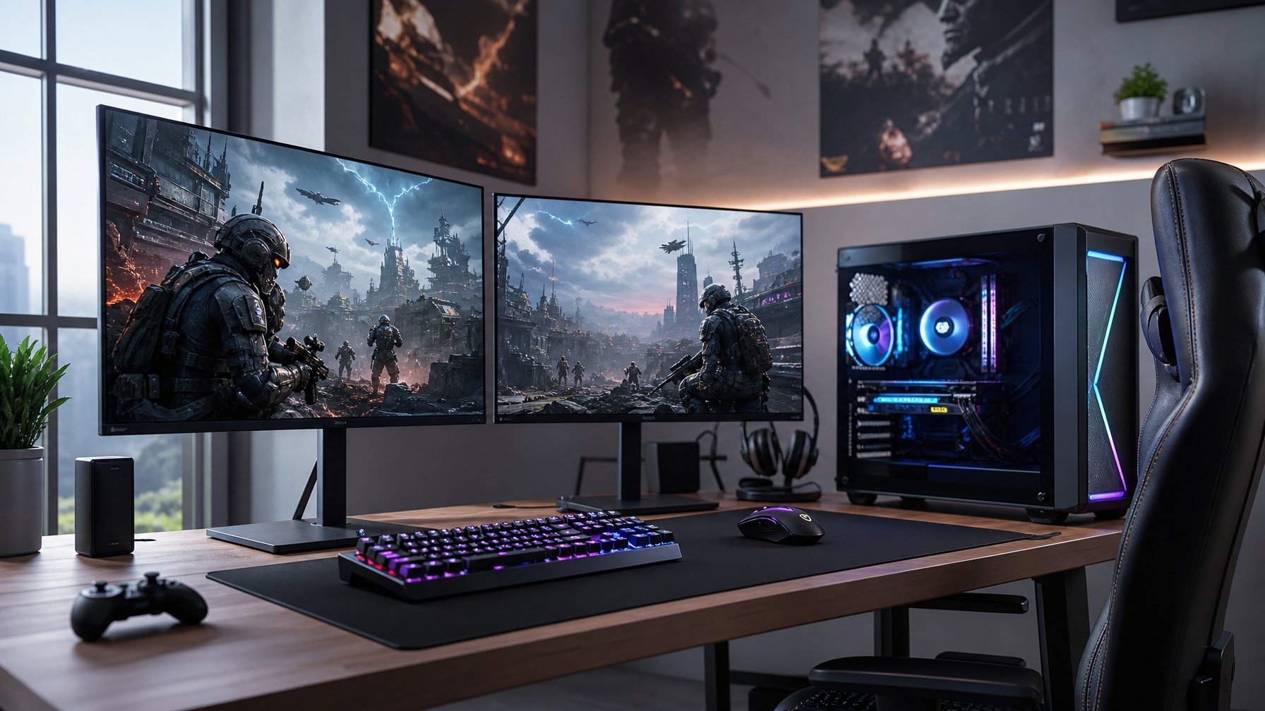 Sebuah setup gaming modern dengan komputer desktop, dua monitor menampilkan grafis game militer futuristik, keyboard mekanik, dan mouse gaming di atas meja yang rapi.
