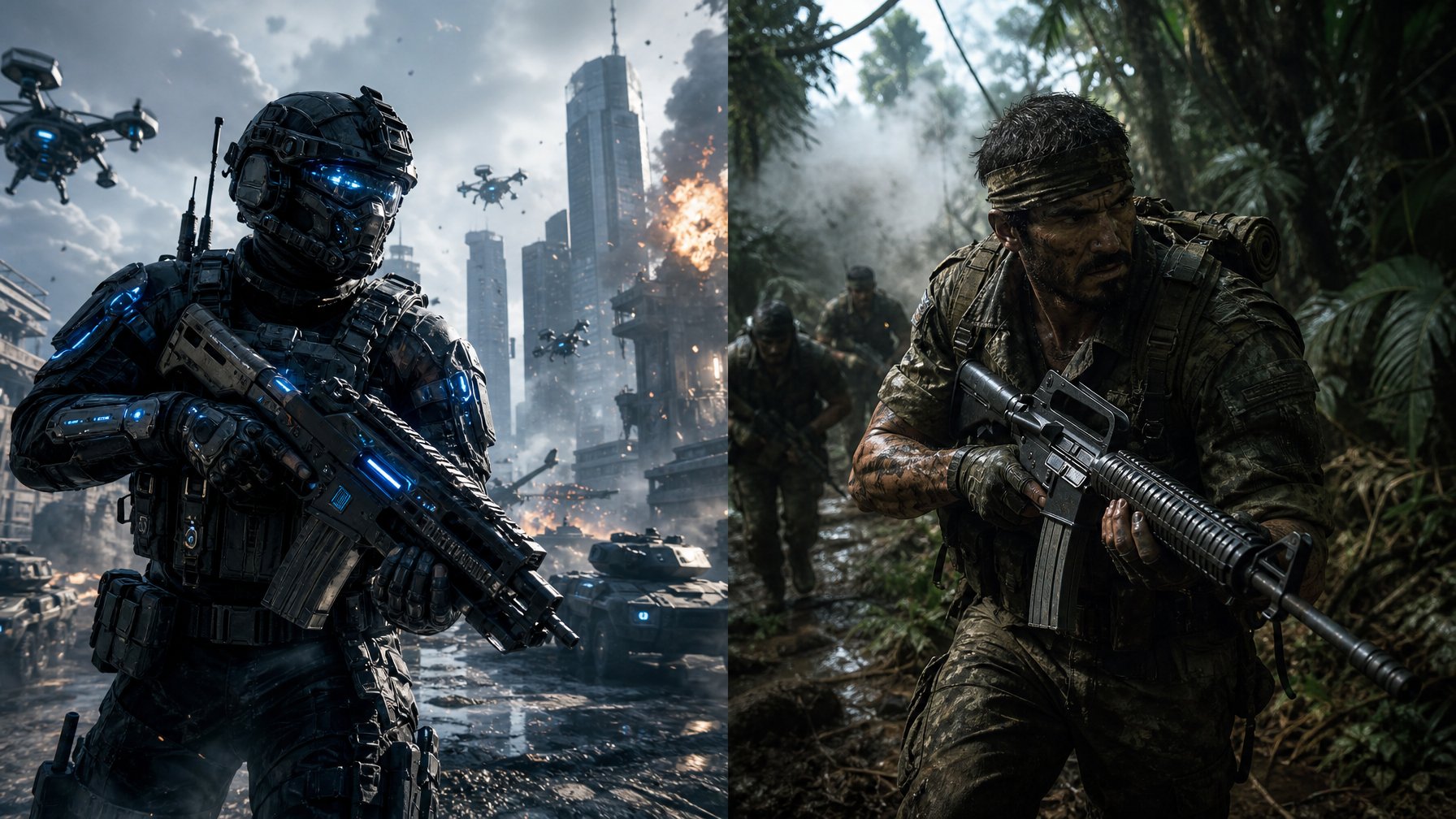 Dua tentara dari game berbeda berdiri bersebelahan, satu dengan perlengkapan futuristik di kota modern, satu lagi dengan perlengkapan militer di hutan lebat.