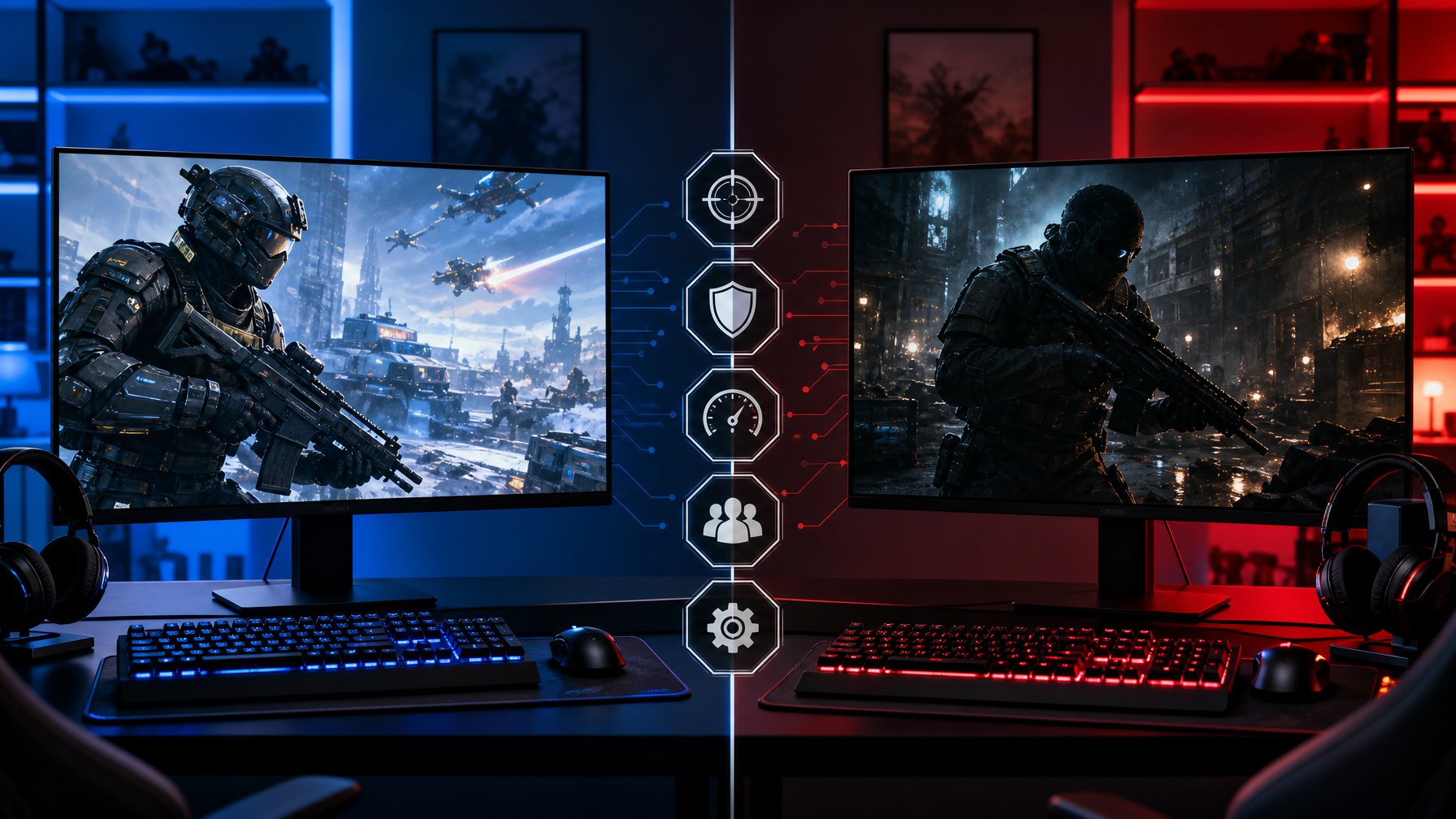 Dua setup gaming modern berdampingan dengan monitor yang menampilkan adegan gameplay dari Call of Duty 2026 dan Black Ops 6 di sebuah ruangan gaming dengan pencahayaan ambient biru dan merah.
